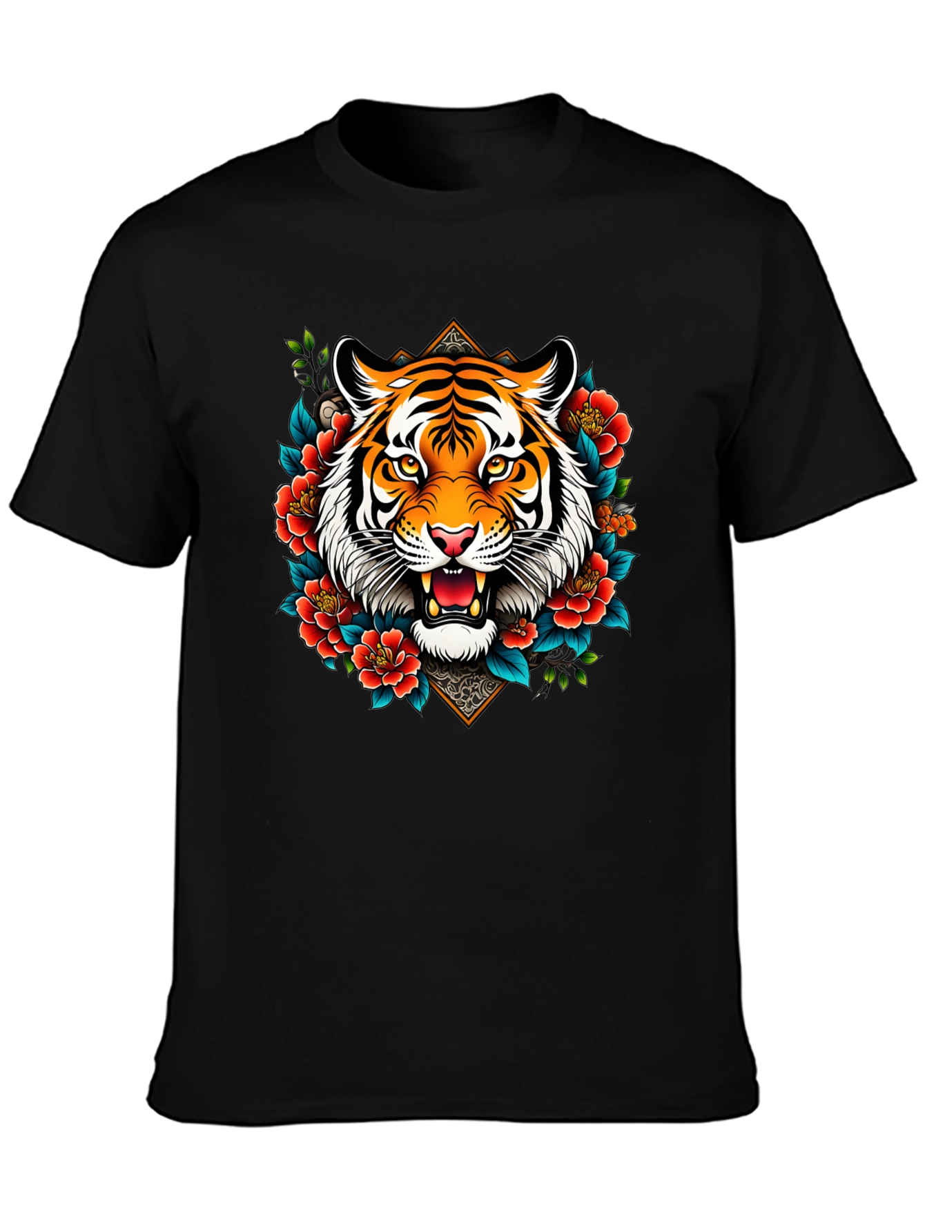 Tiger Floral Graphic Print Black T-Shirt