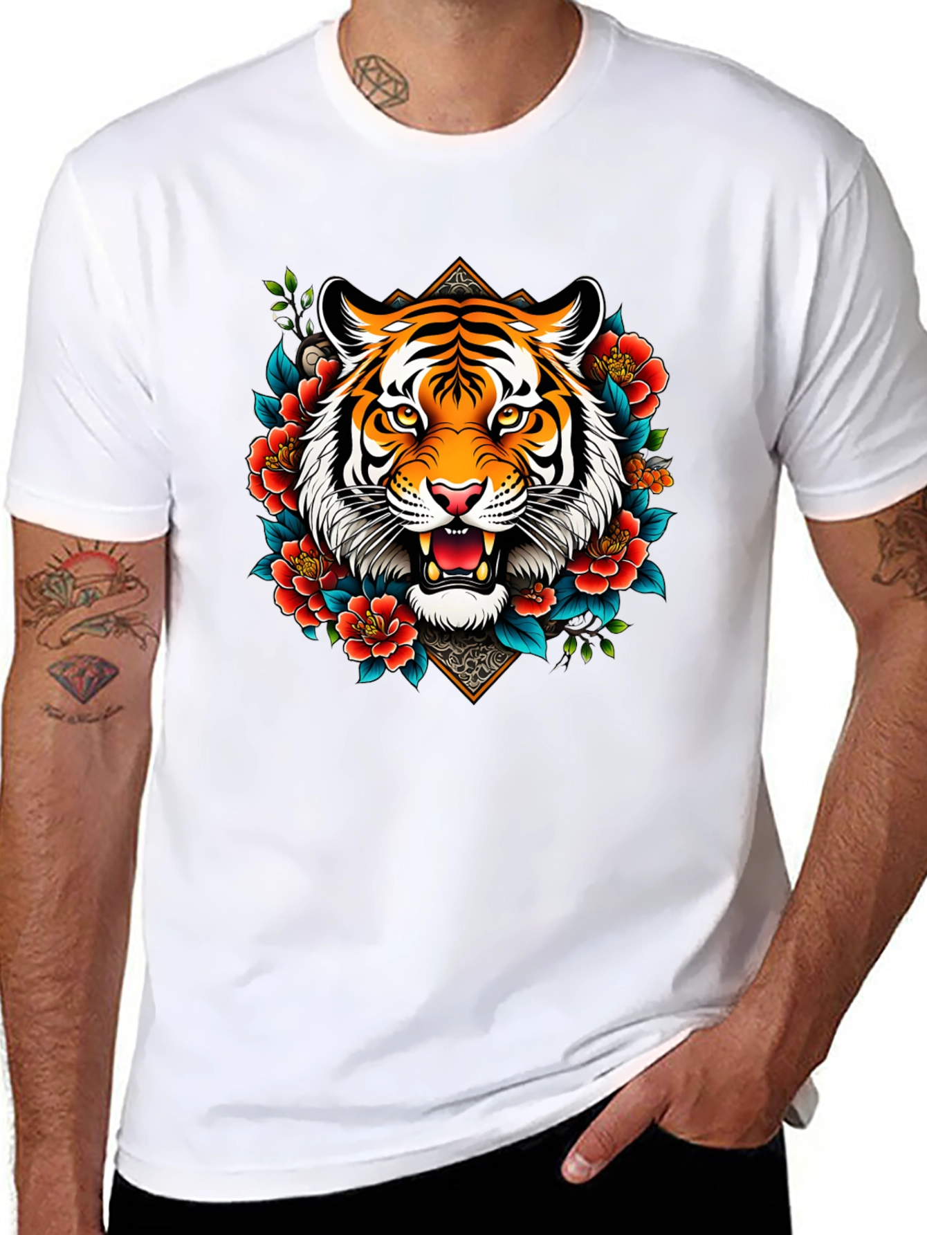 Tiger Floral Graphic Print Black T-Shirt