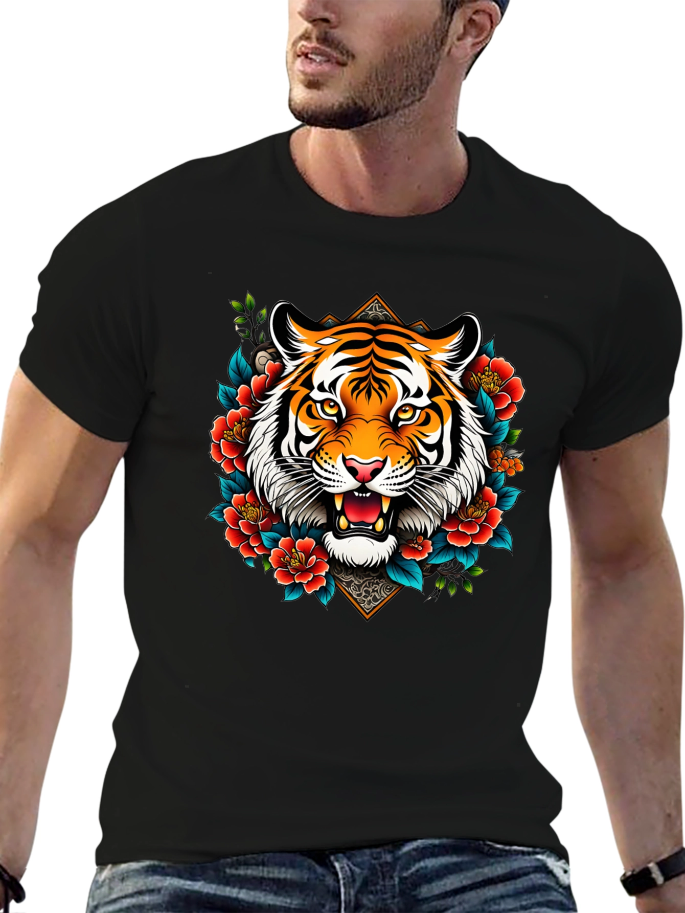 Tiger Floral Graphic Print Black T-Shirt