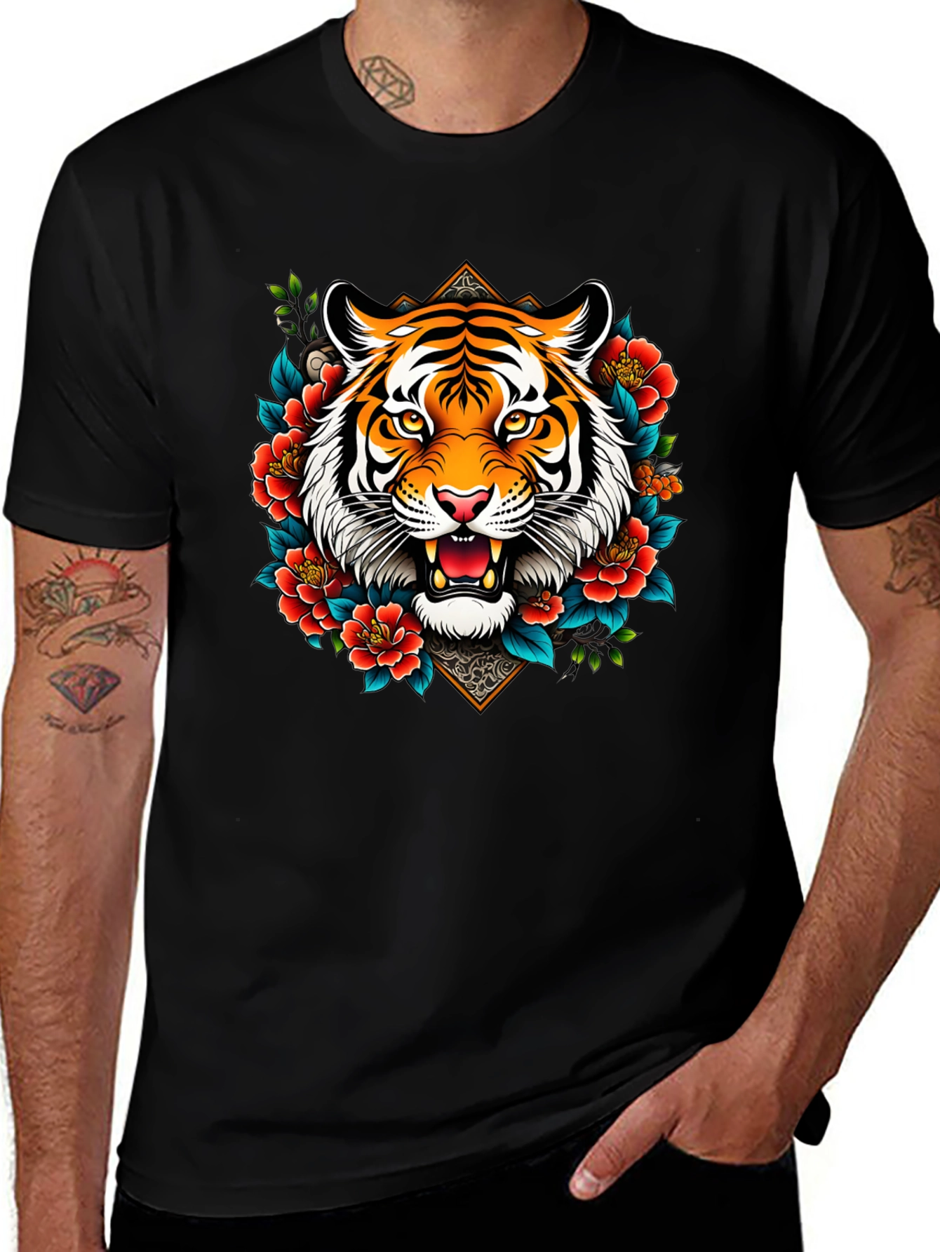 Tiger Floral Graphic Print Black T-Shirt