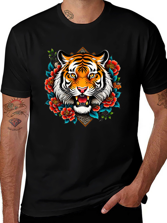 Tiger Floral Graphic Print Black T-Shirt
