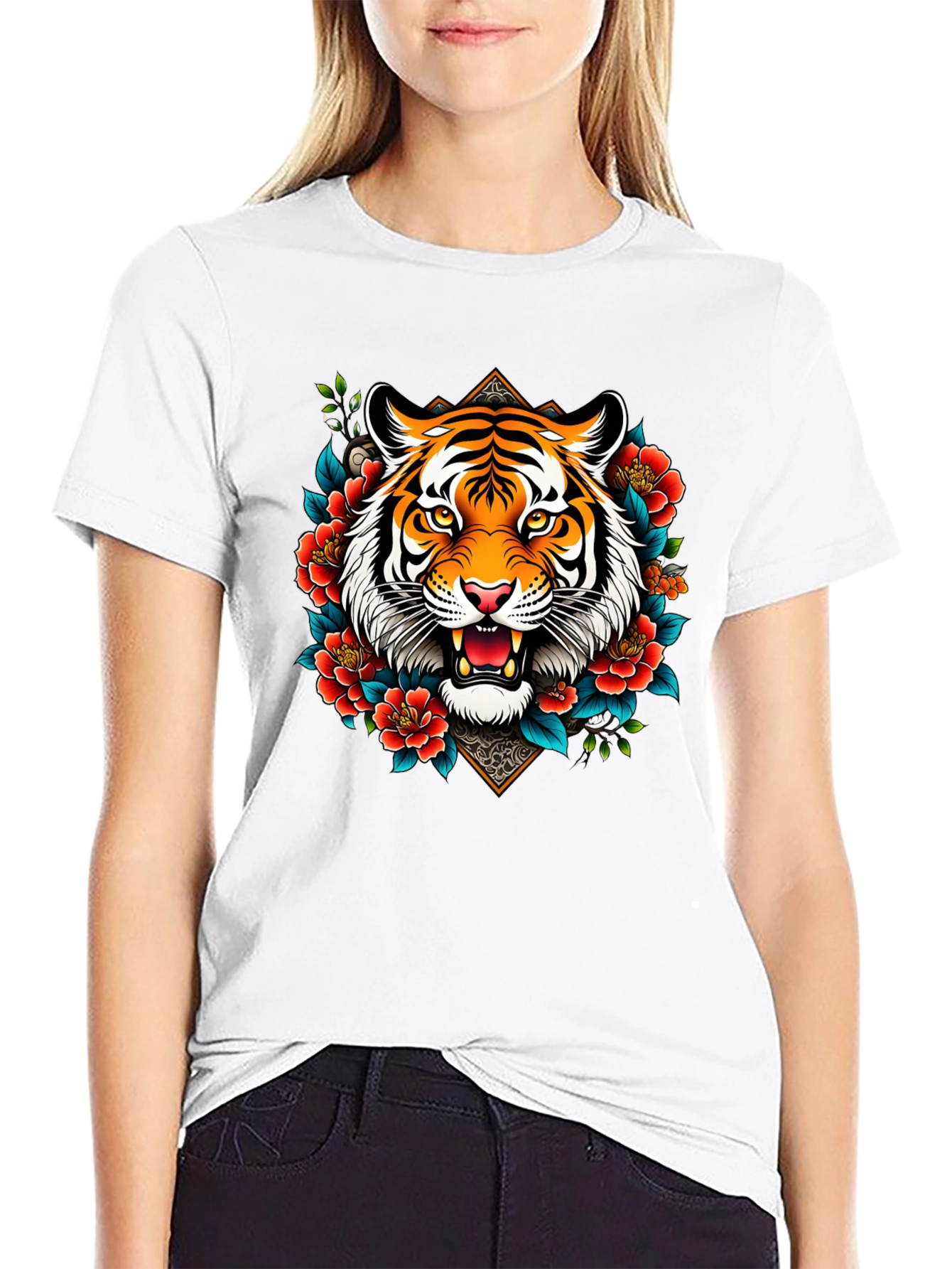 Tiger Floral Graphic Print Black T-Shirt