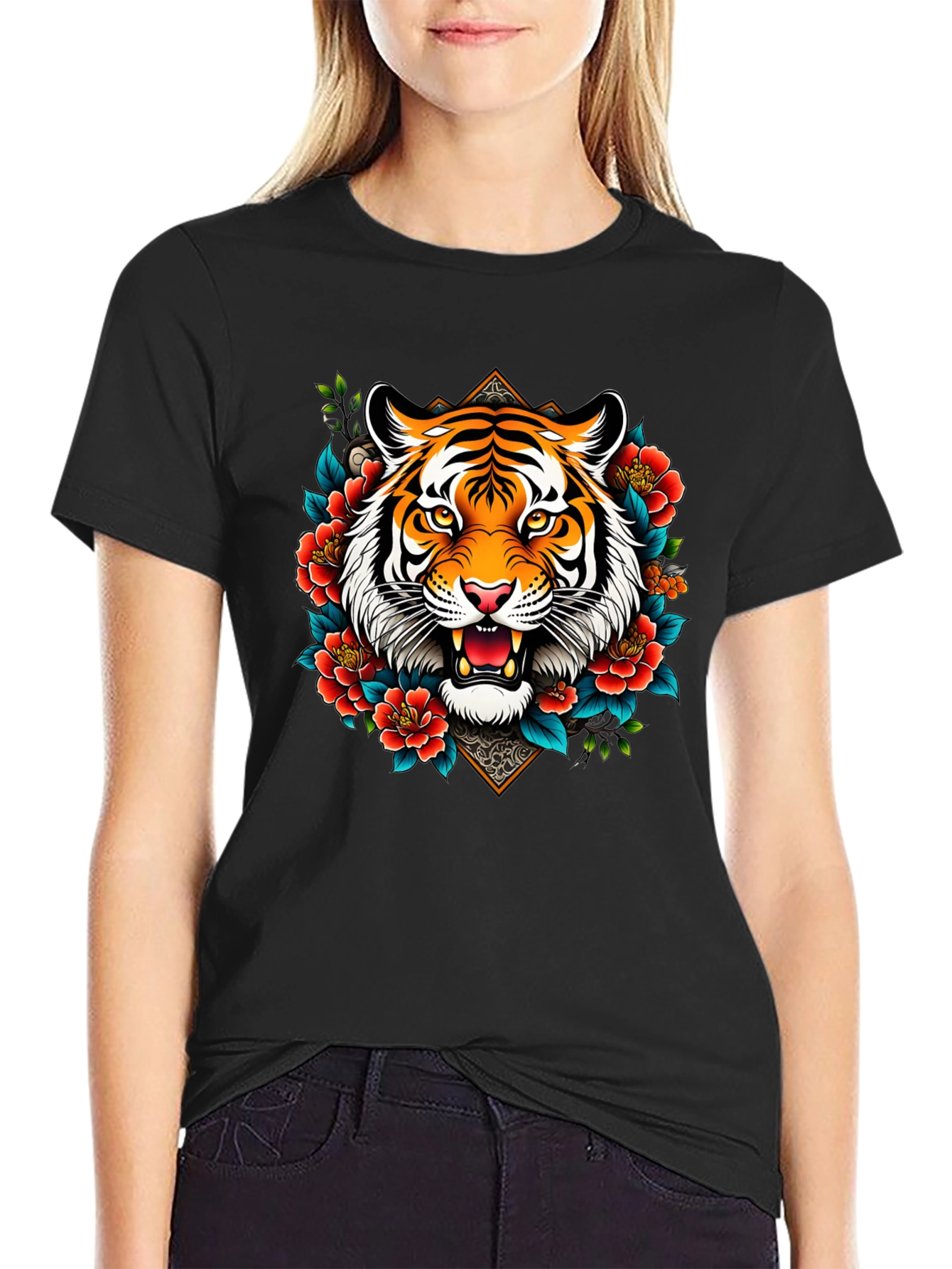 Tiger Floral Graphic Print Black T-Shirt