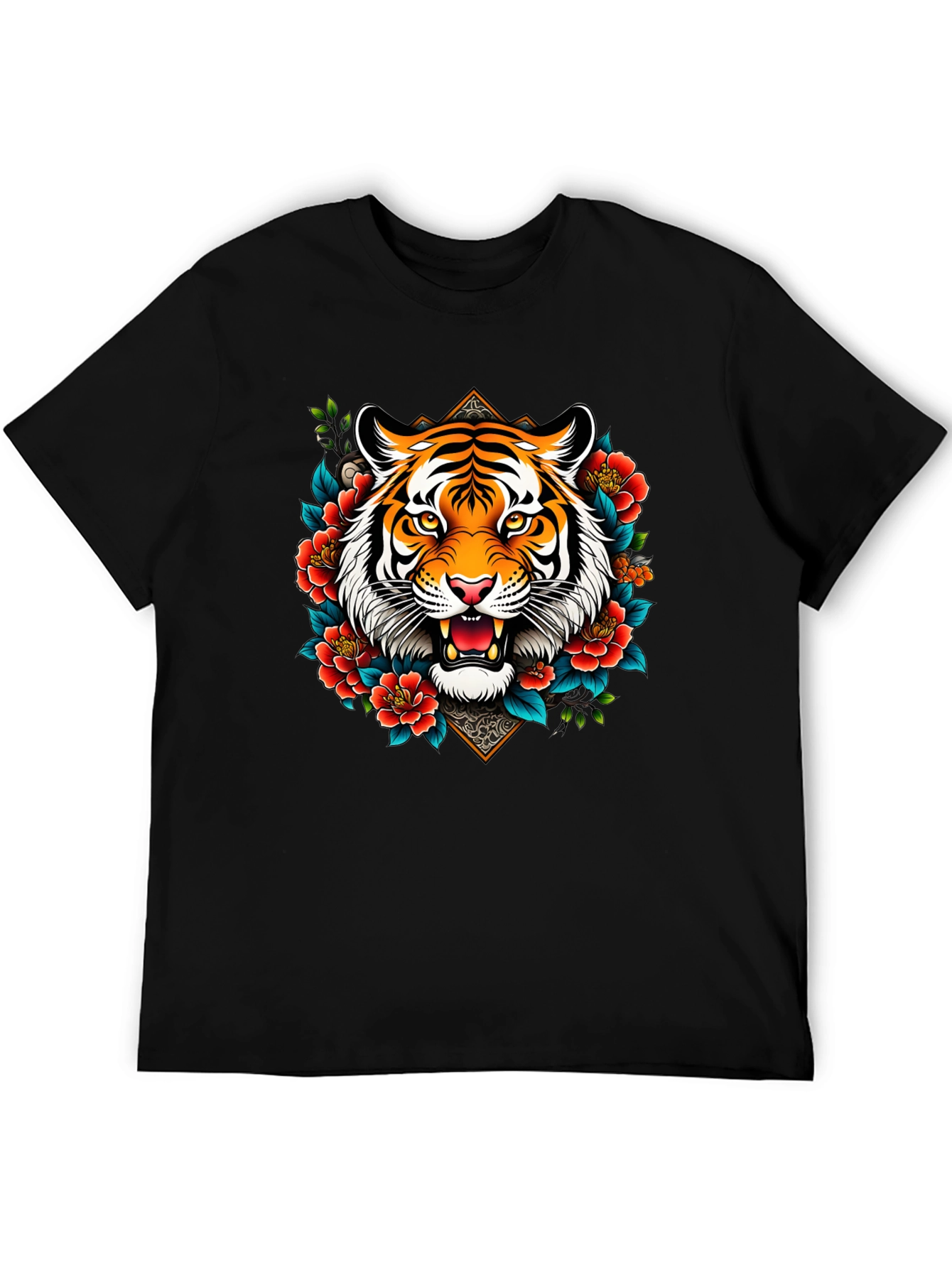 Tiger Floral Graphic Print Black T-Shirt