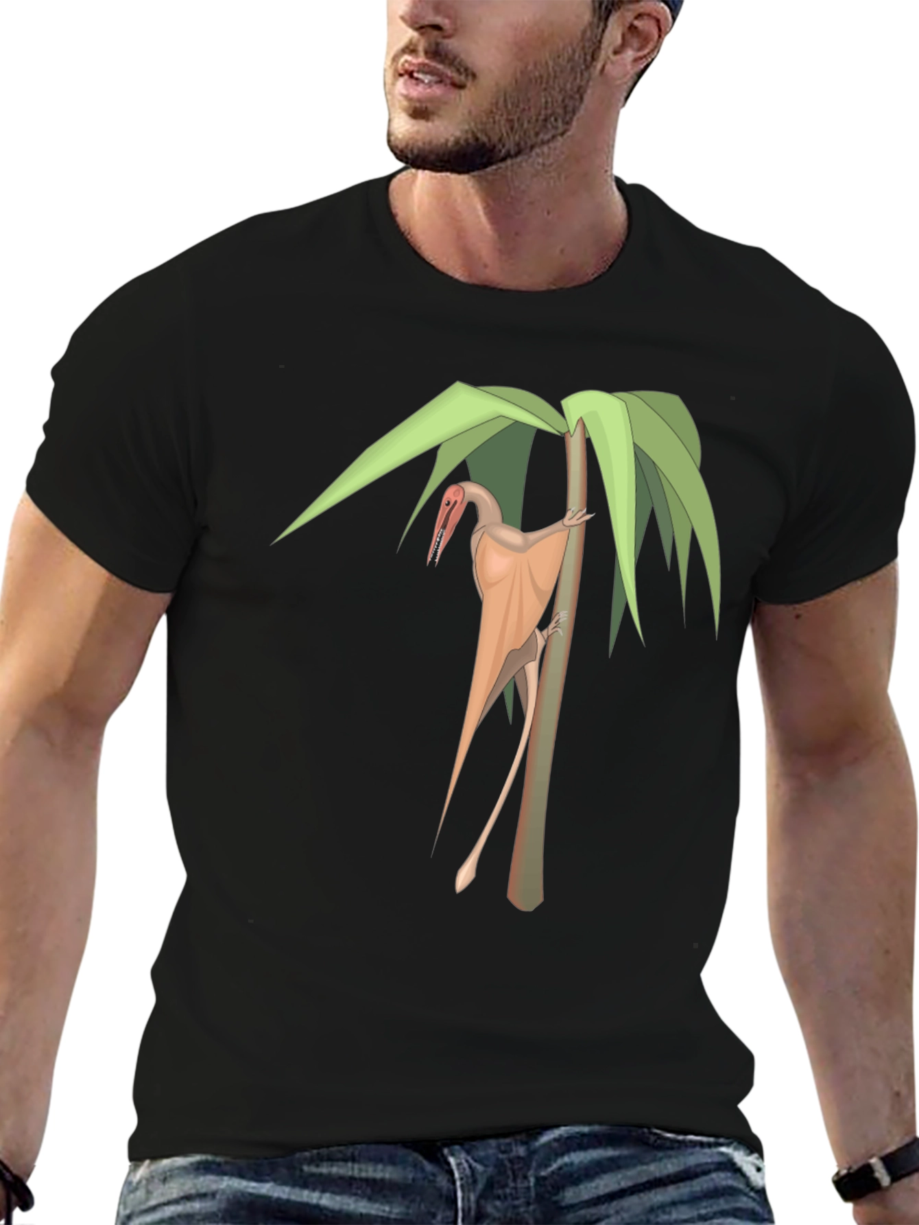 Pterodactyl on Palm Tree Black T-Shirt