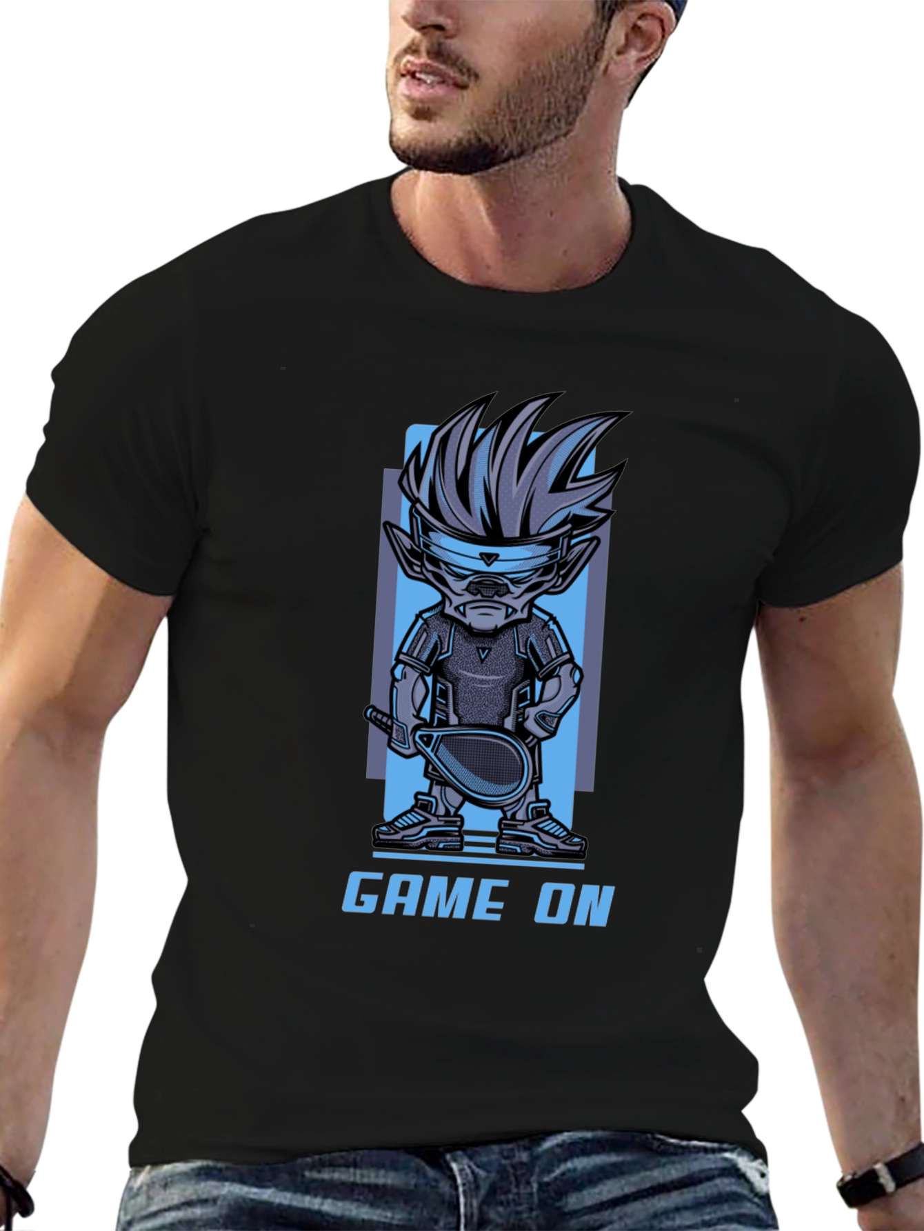 Game On Cartoon Character Graphic Black T-Shirt