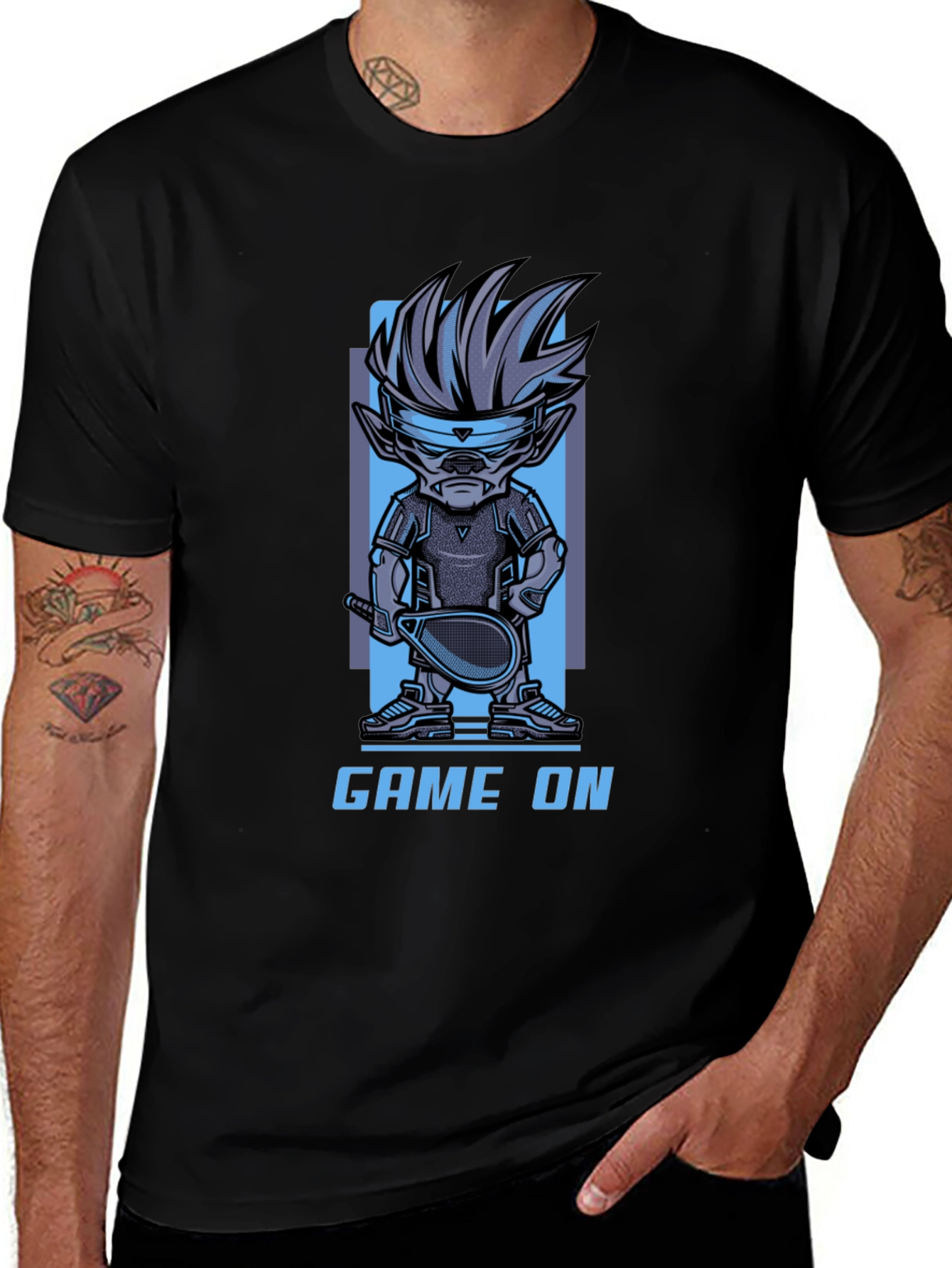Game On Cartoon Character Graphic Black T-Shirt