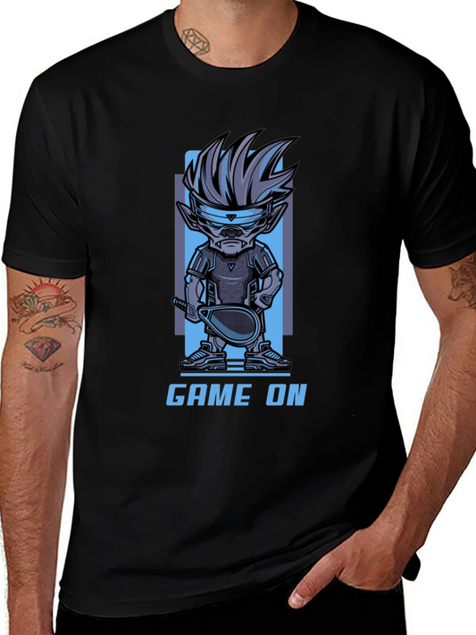 Game On Cartoon Character Graphic Black T-Shirt