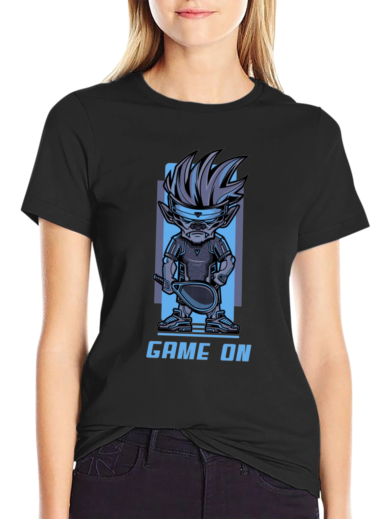 Game On Cartoon Character Graphic Black T-Shirt