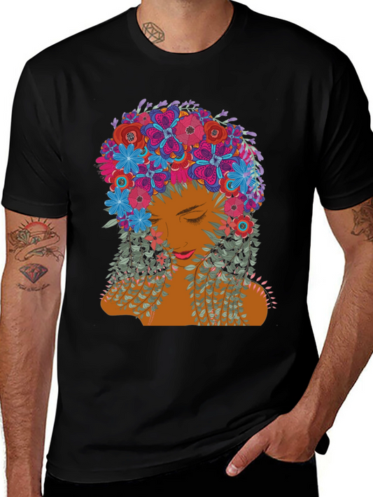Floral Woman Graphic Tee - Stylish Black T-Shirt