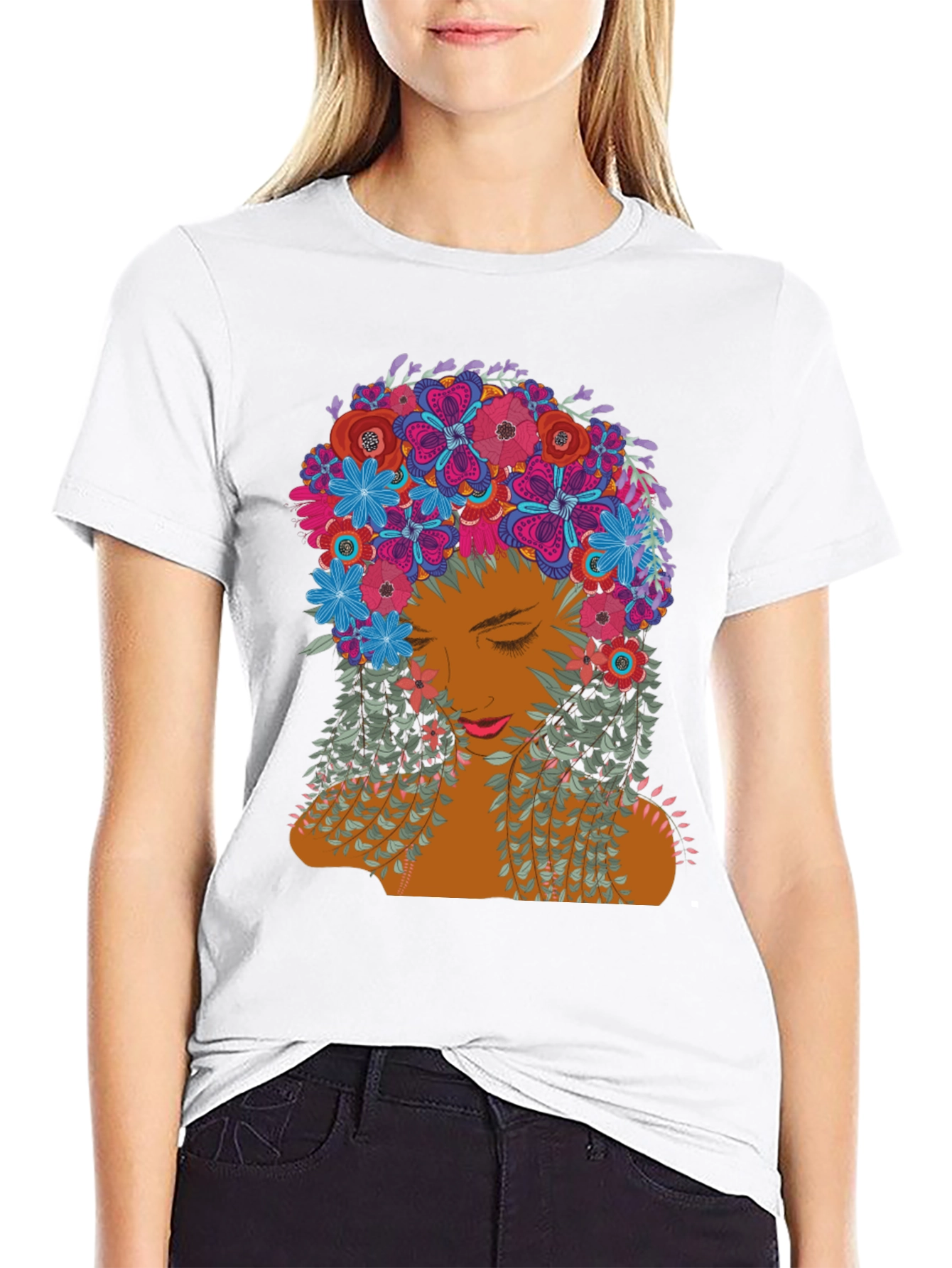Floral Woman Graphic Tee - Stylish Black T-Shirt