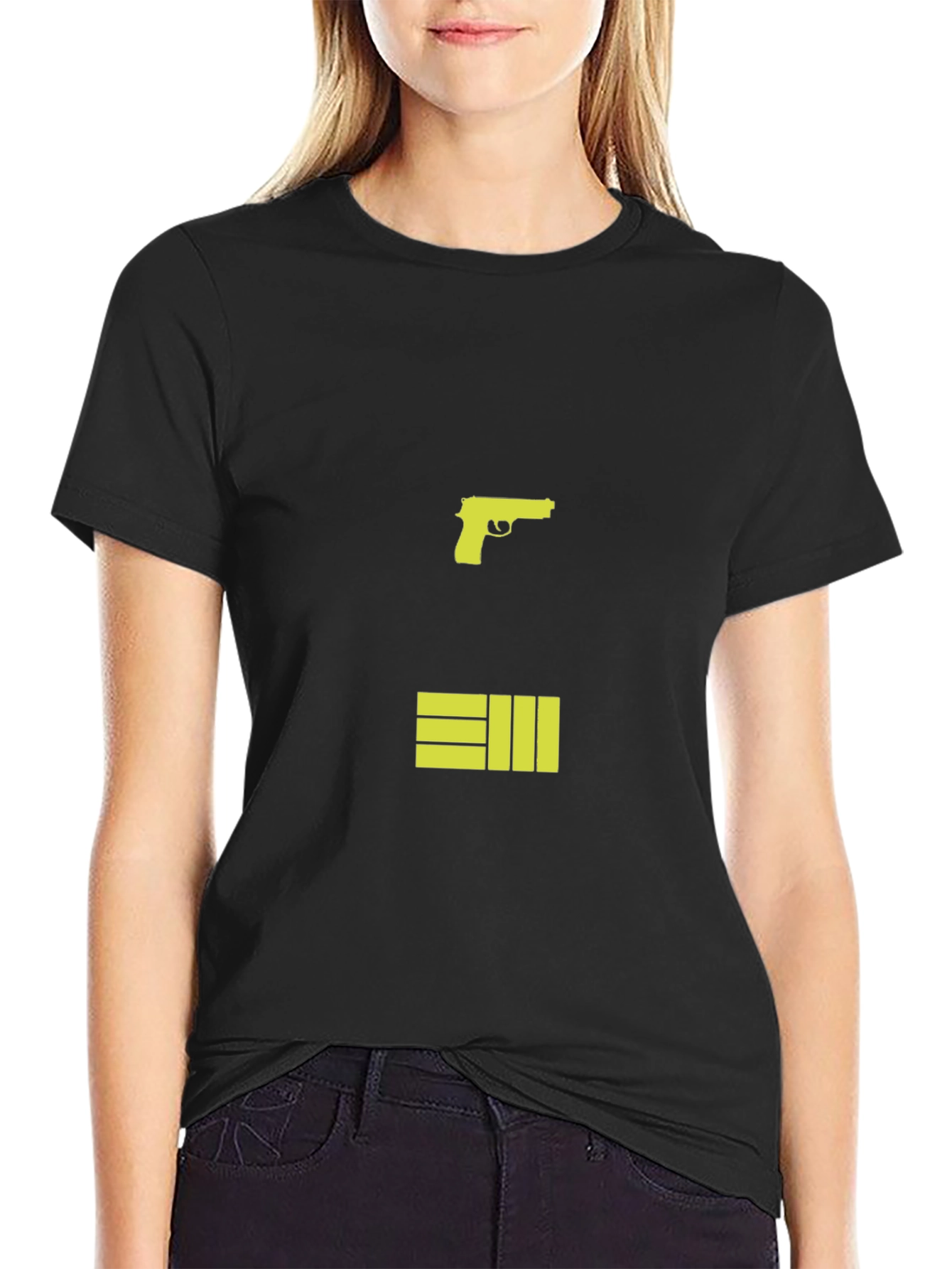 Black T-Shirt with Graphic Gun and Bars Design