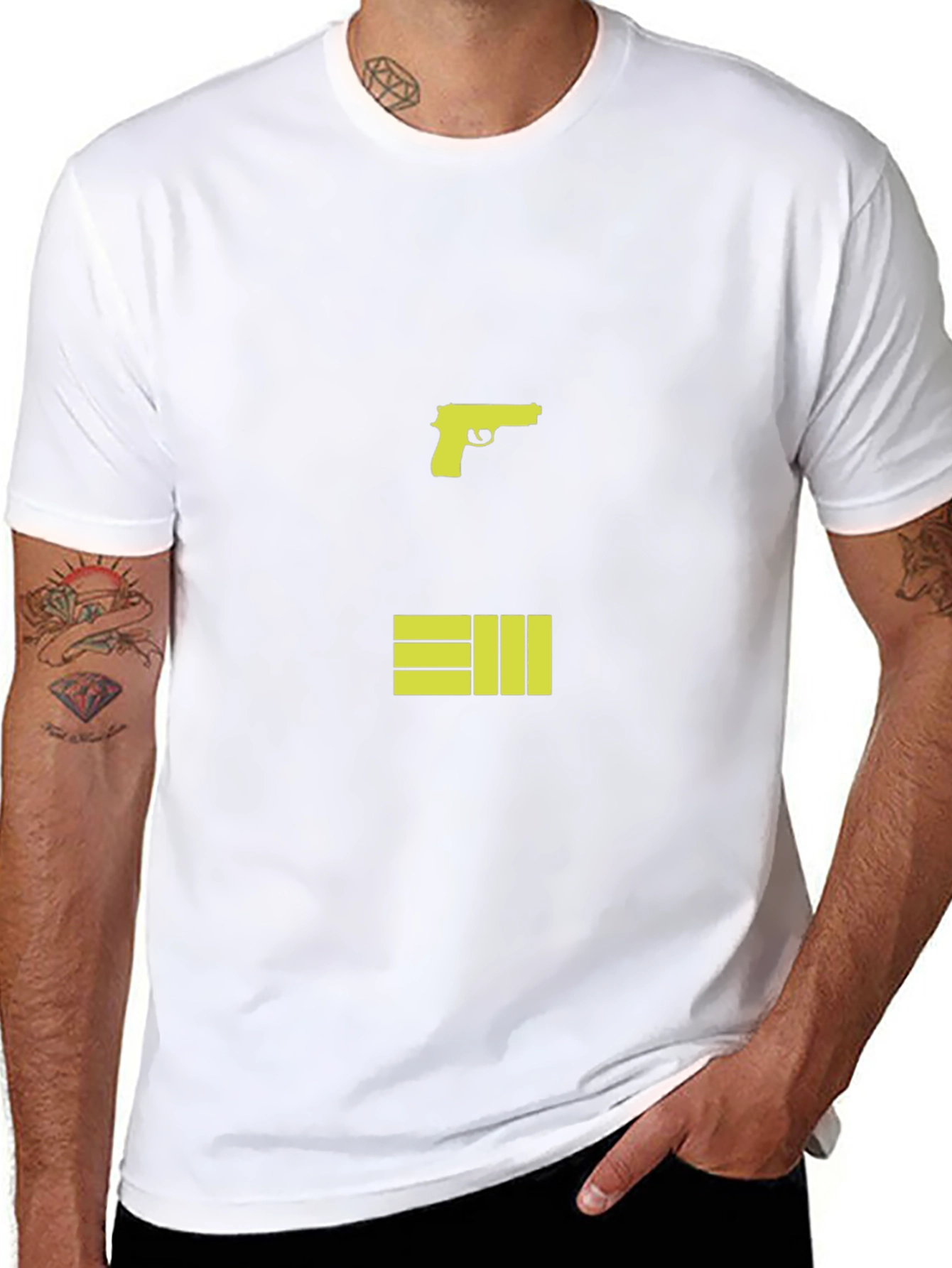 Black T-Shirt with Graphic Gun and Bars Design