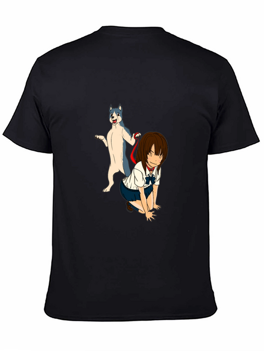 Anime Girl & Dog Graphic Black T-Shirt