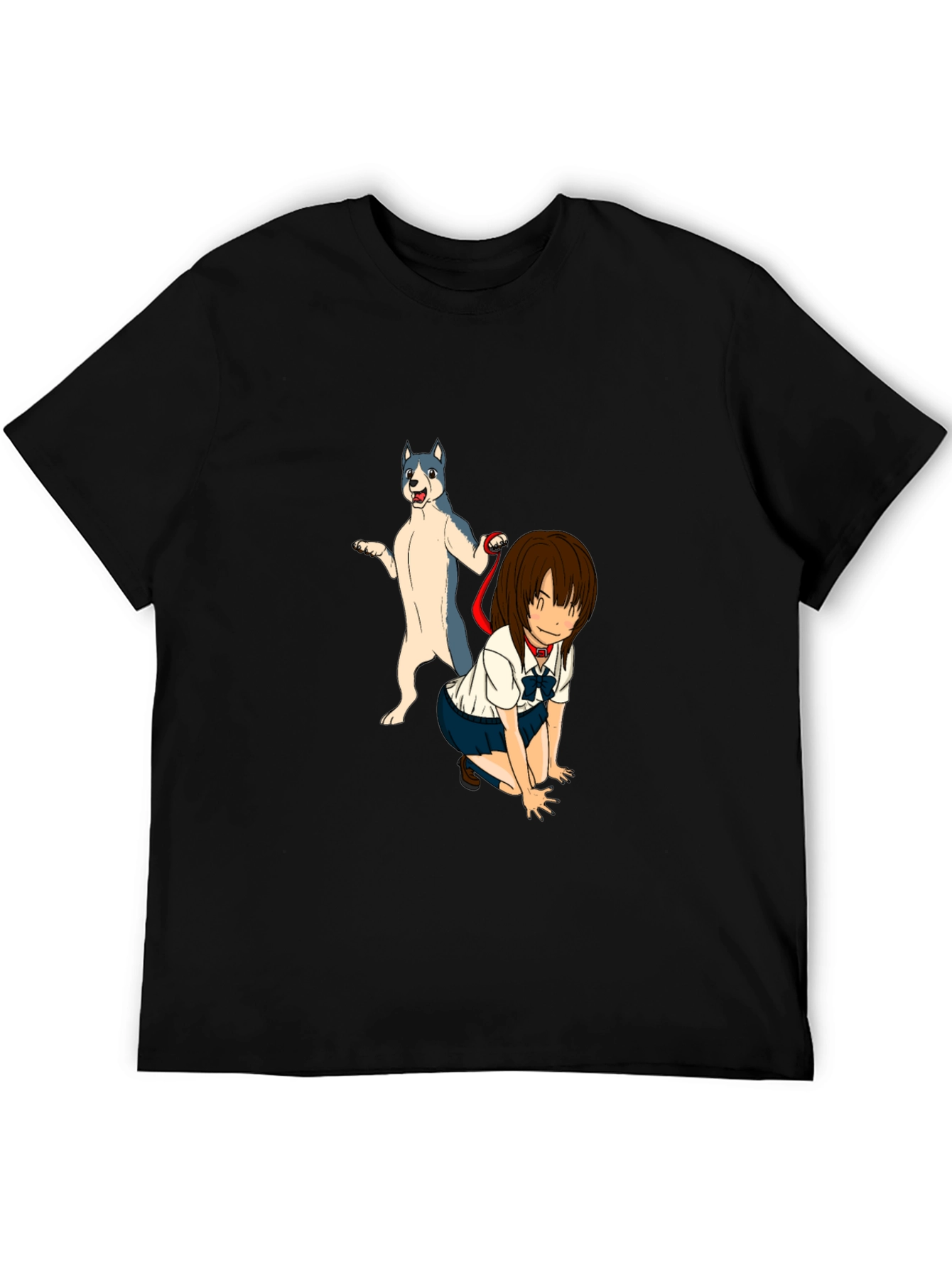 Anime Girl & Dog Graphic Black T-Shirt