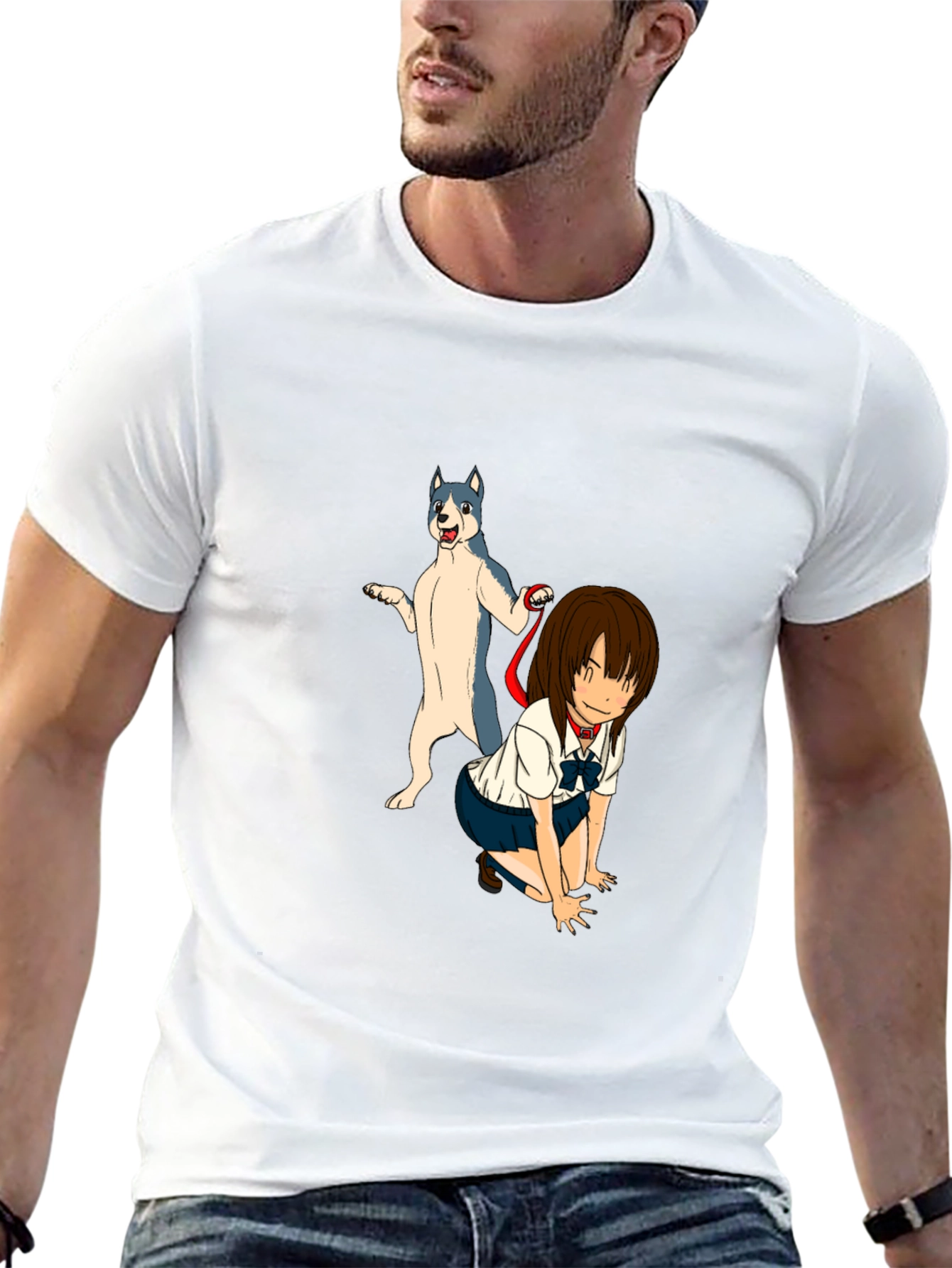 Anime Girl & Dog Graphic Black T-Shirt