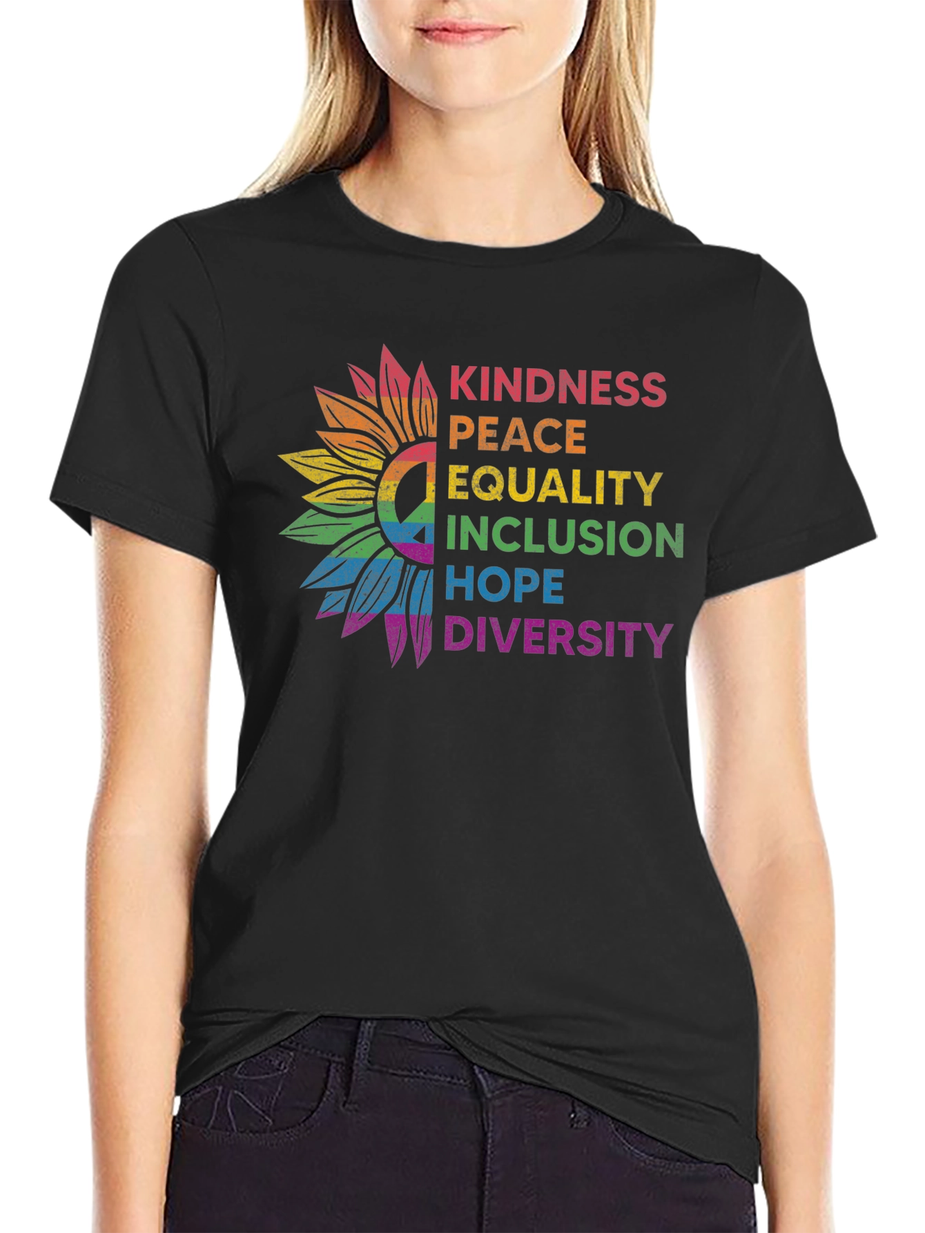 Kindness Peace Equality Rainbow Sunflower Tee