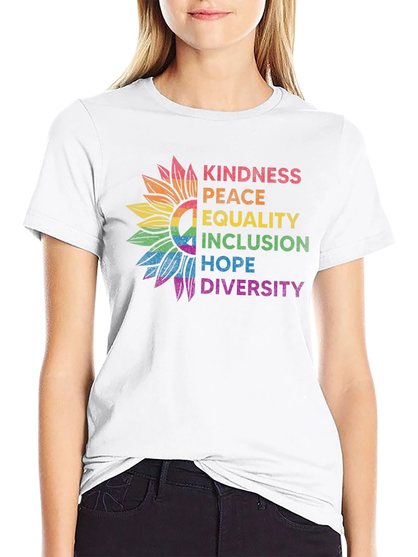 Kindness Peace Equality Rainbow Sunflower Tee