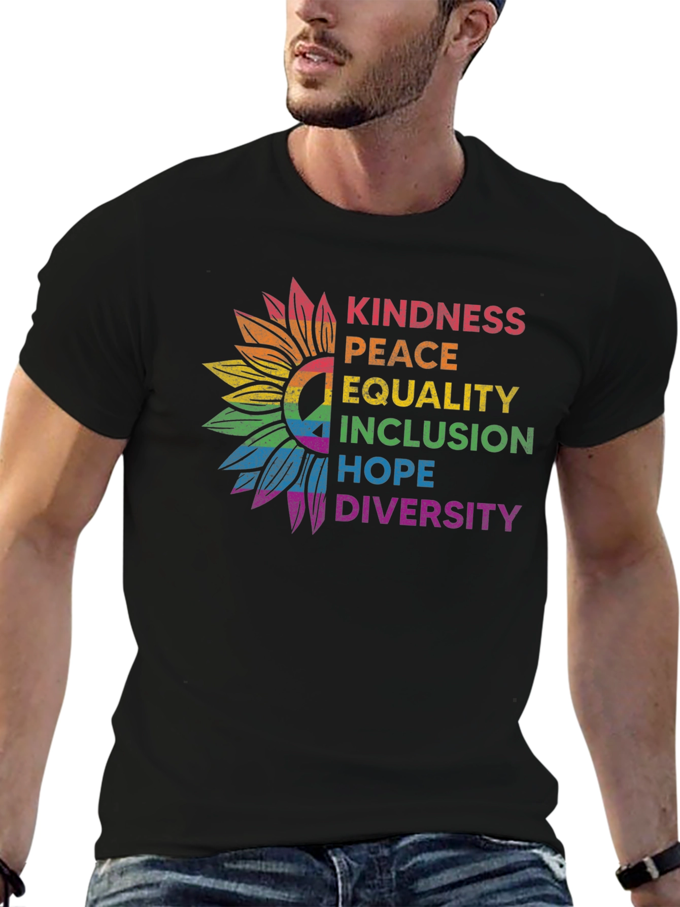 Kindness Peace Equality Rainbow Sunflower Tee