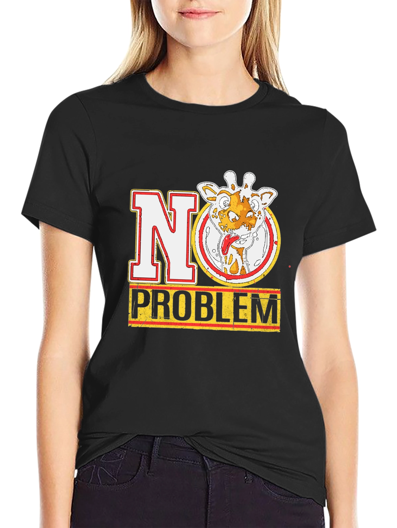 No Problem Giraffe Graphic Tee - Black Cotton T-Shirt