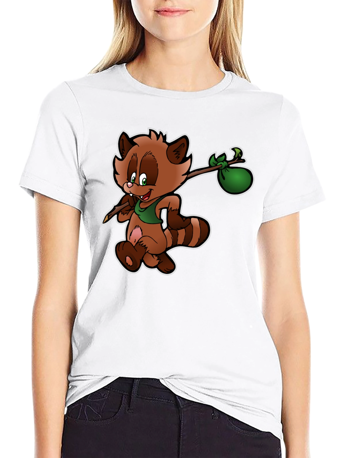 Cartoon Raccoon on Black T-Shirt