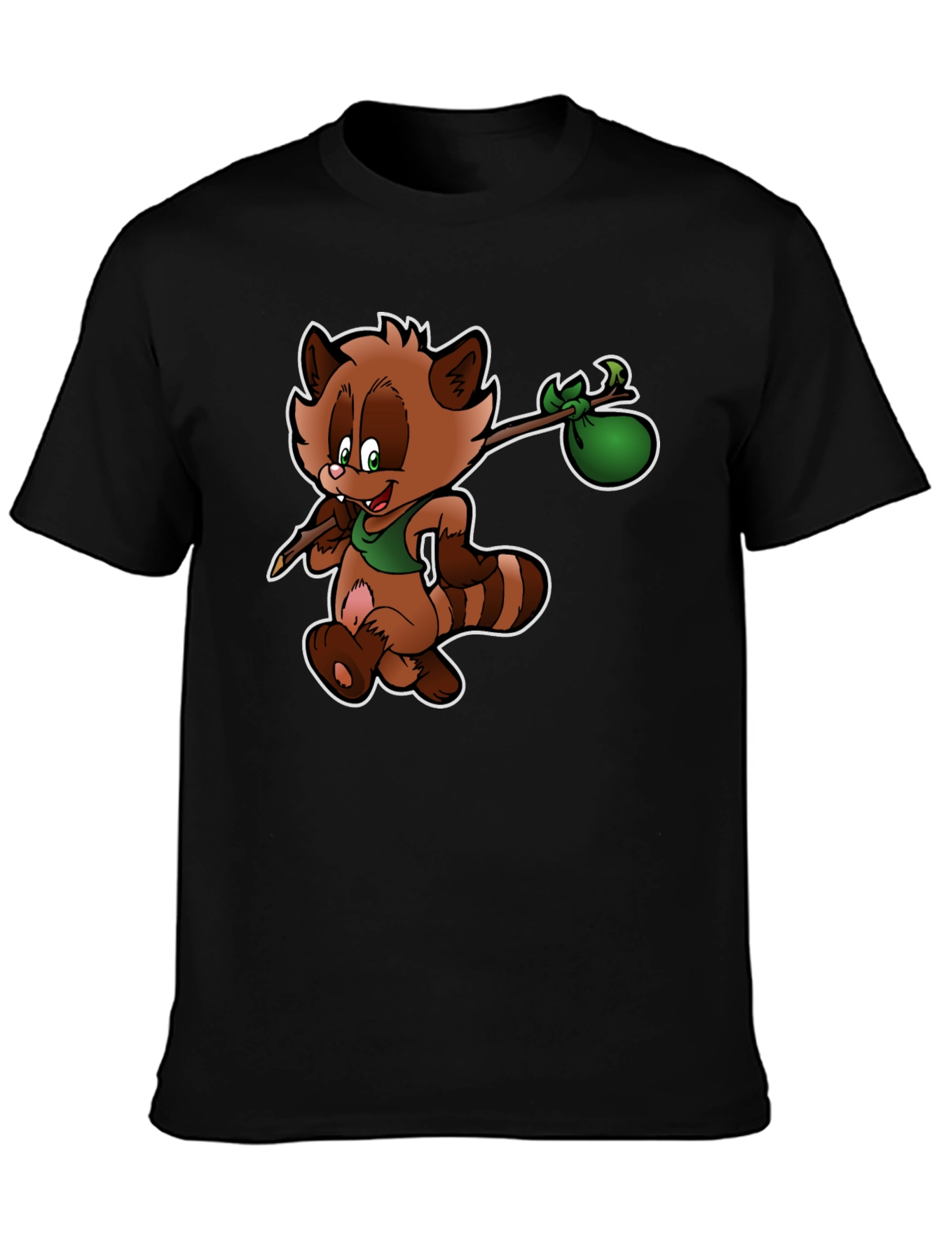 Cartoon Raccoon on Black T-Shirt