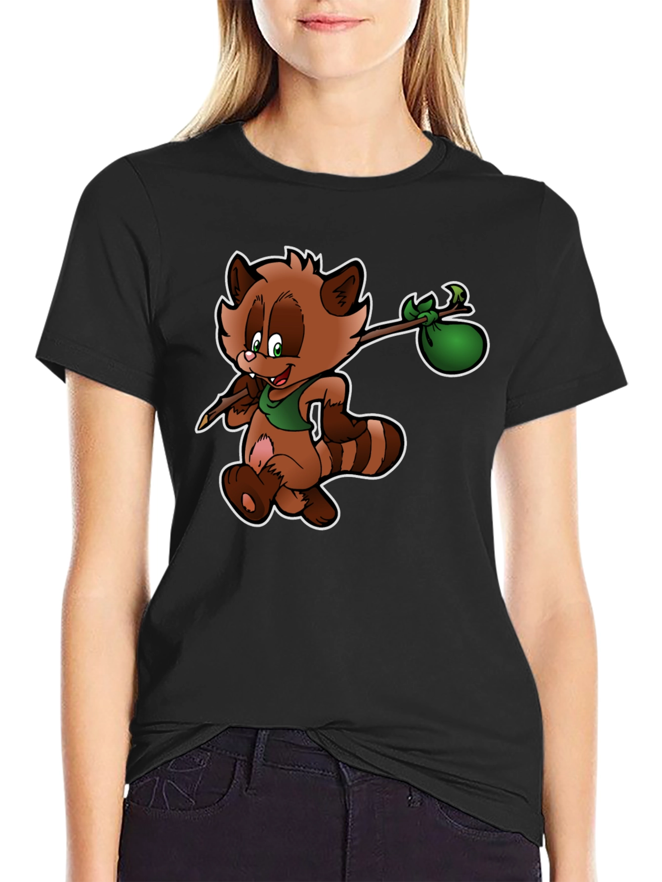 Cartoon Raccoon on Black T-Shirt