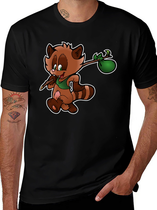 Cartoon Raccoon on Black T-Shirt