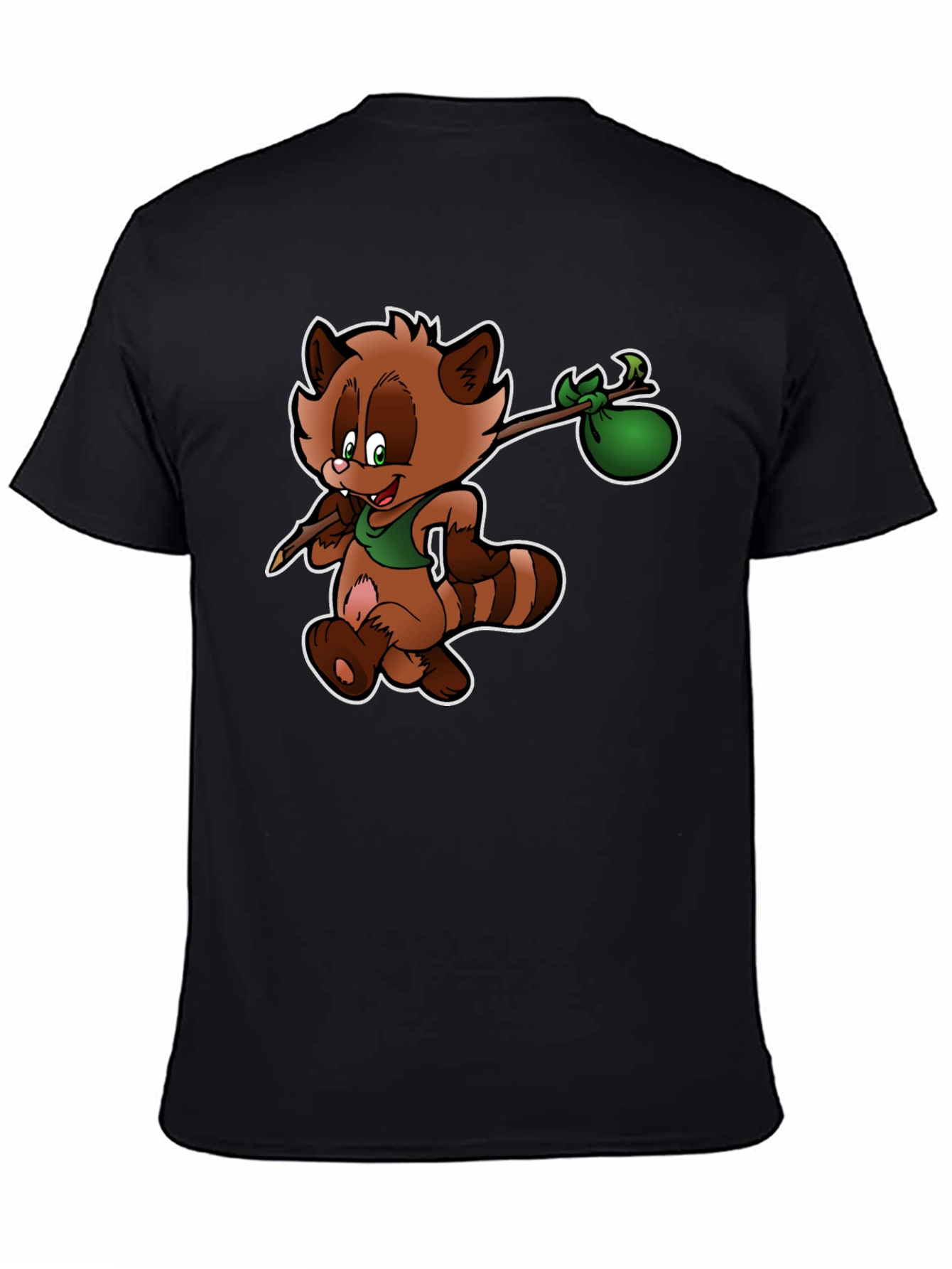 Cartoon Raccoon on Black T-Shirt
