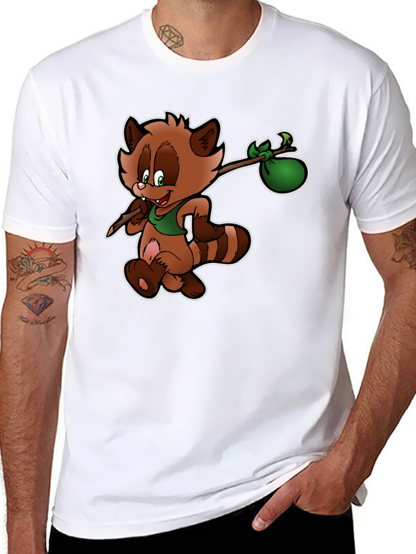 Cartoon Raccoon on Black T-Shirt
