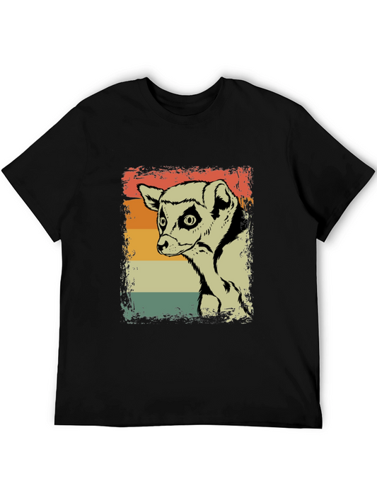 Lemur Graphic Print Retro Style Black T-Shirt
