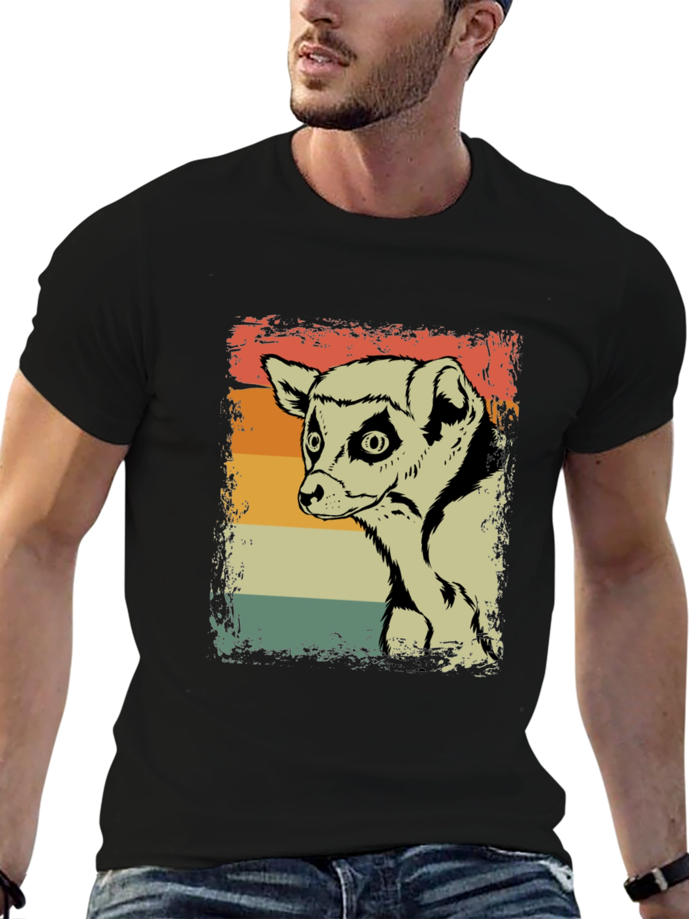 Lemur Graphic Print Retro Style Black T-Shirt