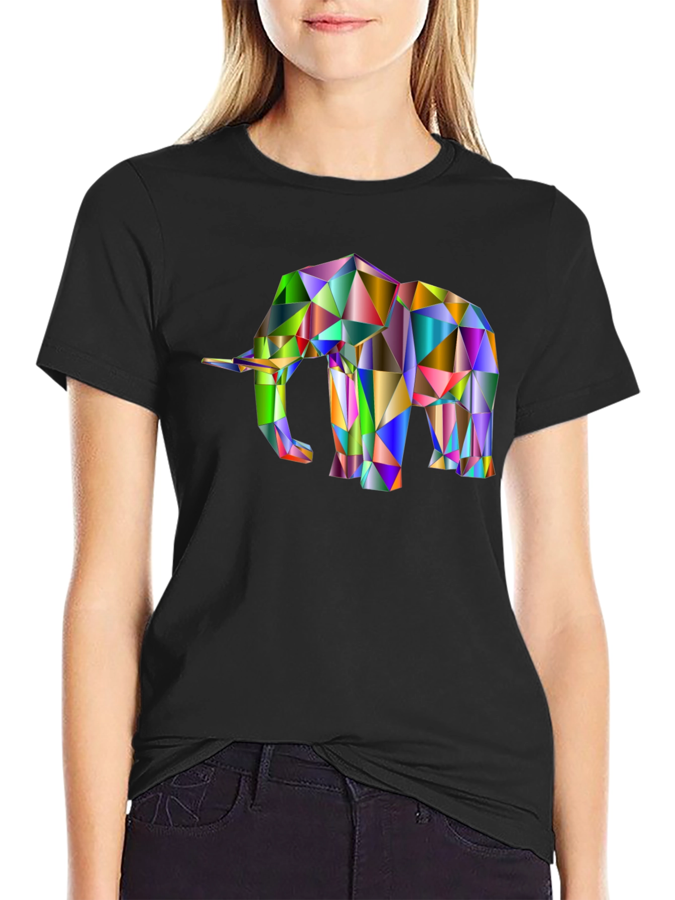 Geometric Elephant Graphic Tee - Black Cotton Blend