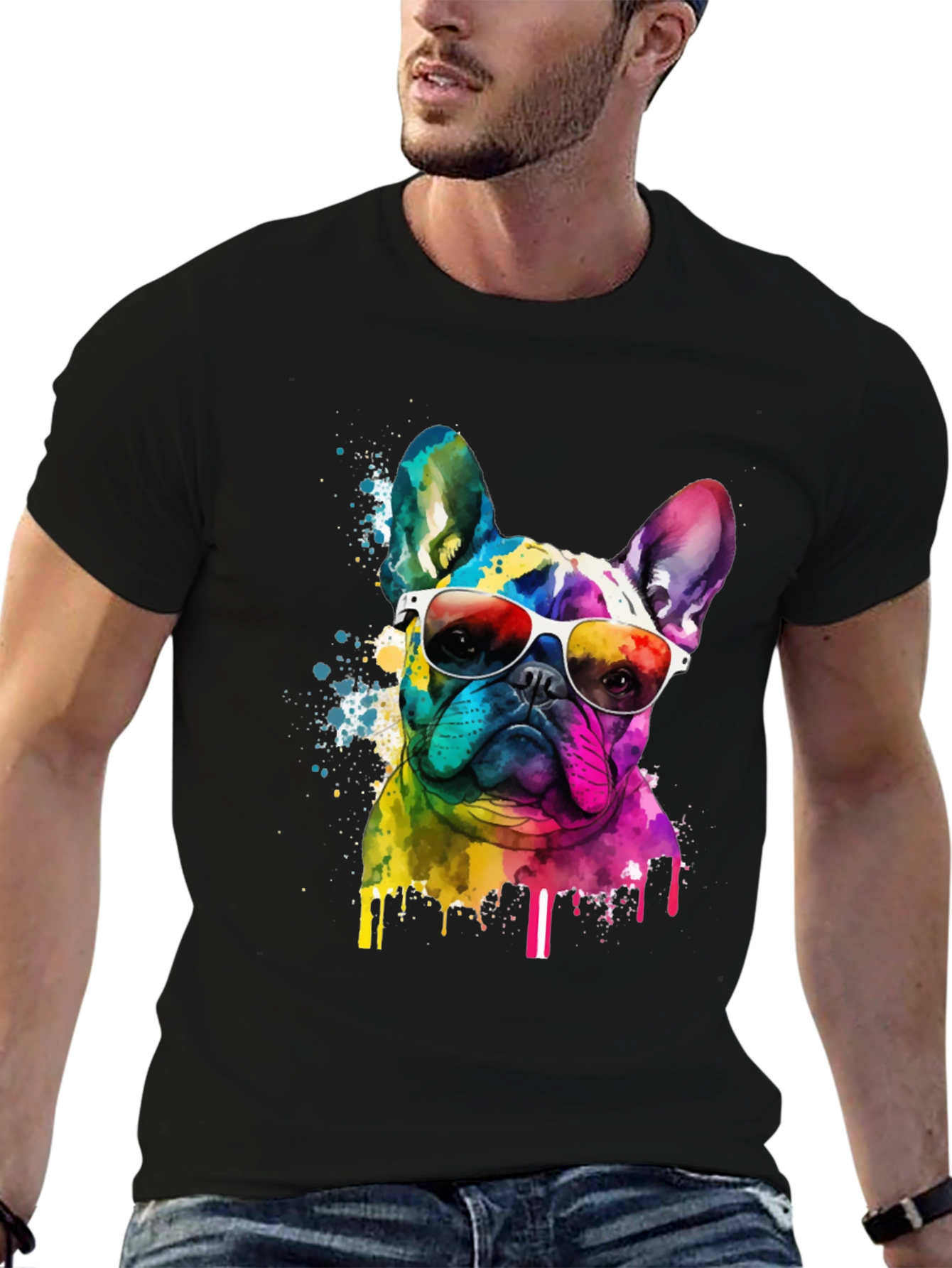 Rainbow Bulldog Graphic Tee - Cool Dog Art Shirt
