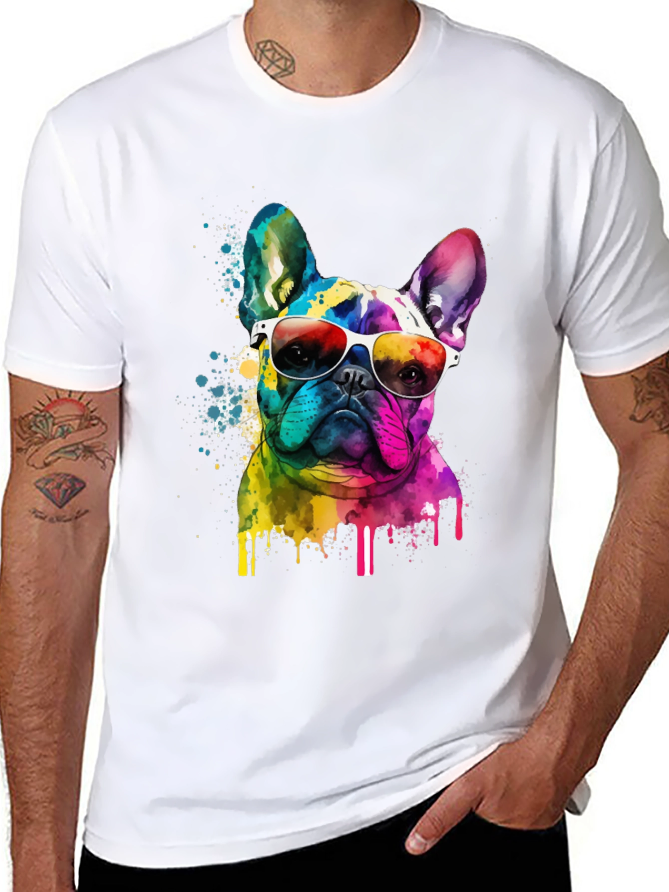 Rainbow Bulldog Graphic Tee - Cool Dog Art Shirt