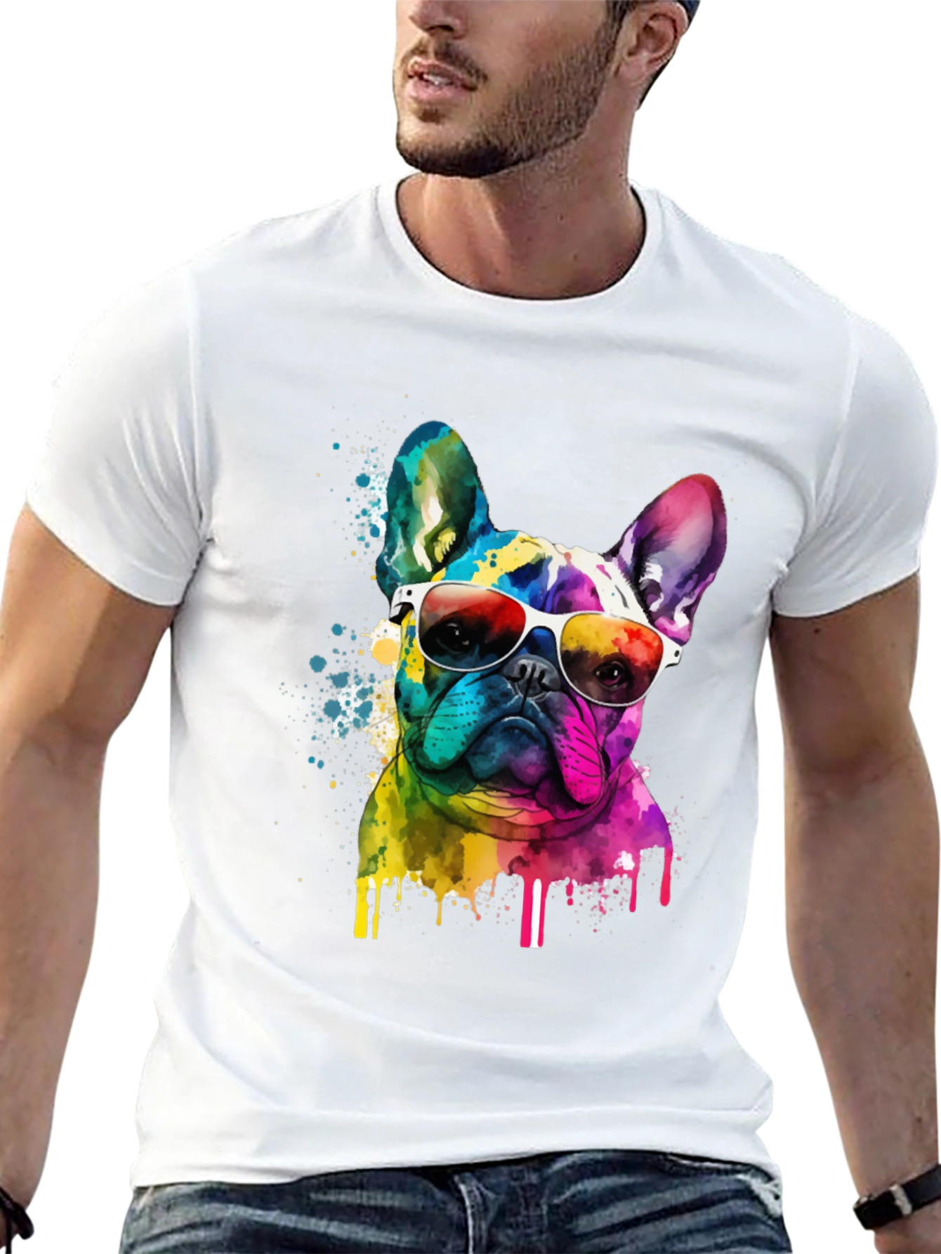 Rainbow Bulldog Graphic Tee - Cool Dog Art Shirt