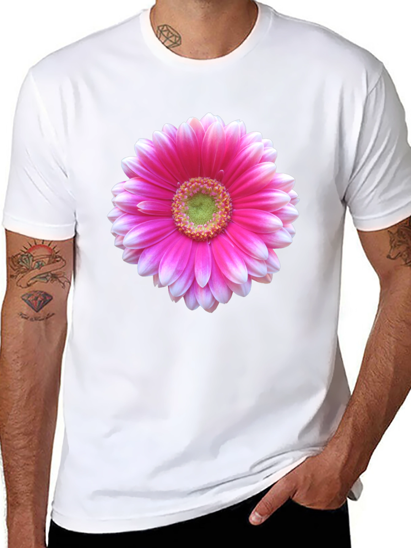 Pink Flower Graphic Black T-Shirt