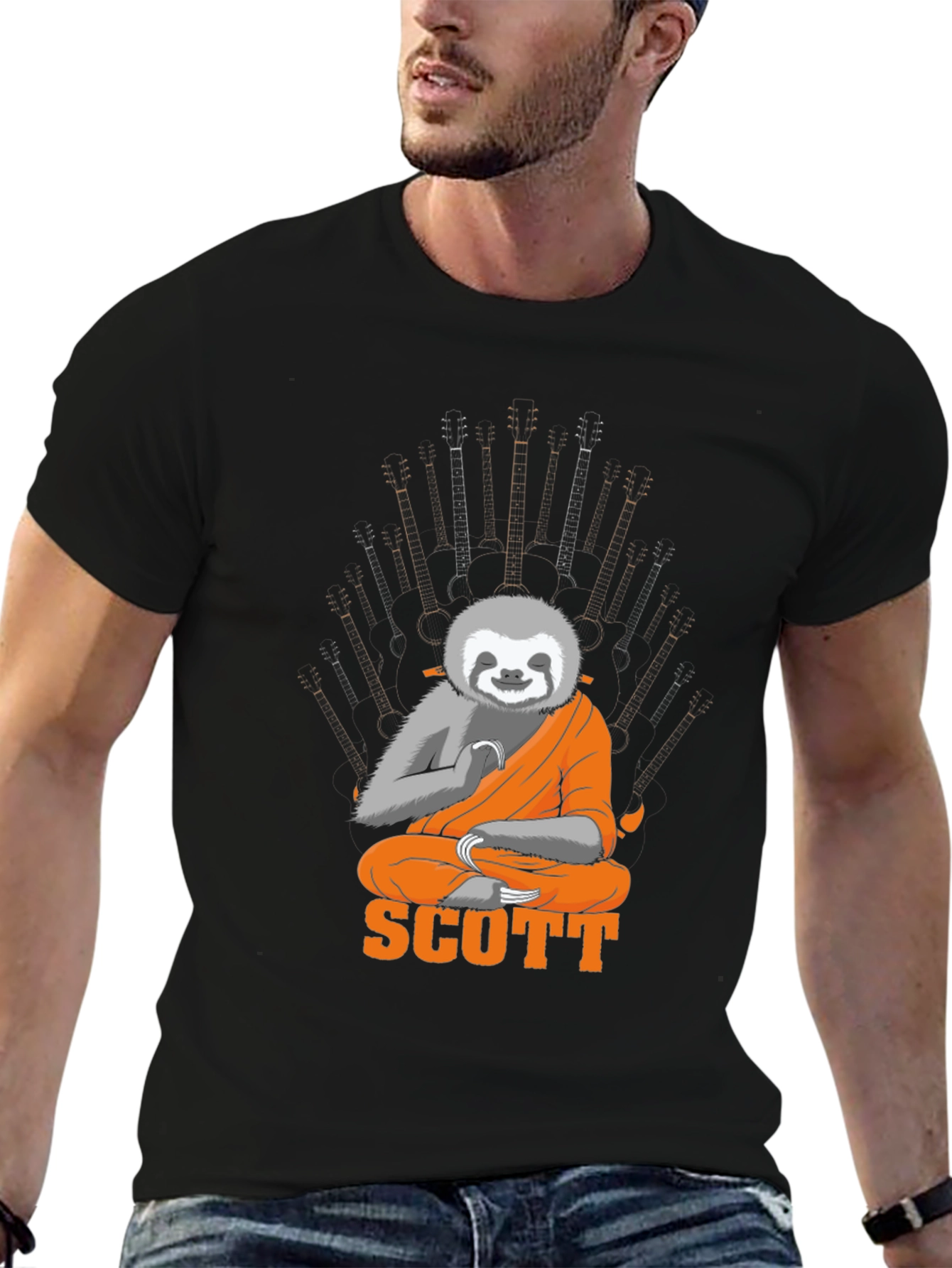 Sloth Monk Guitar Throne Black Graphic Tee