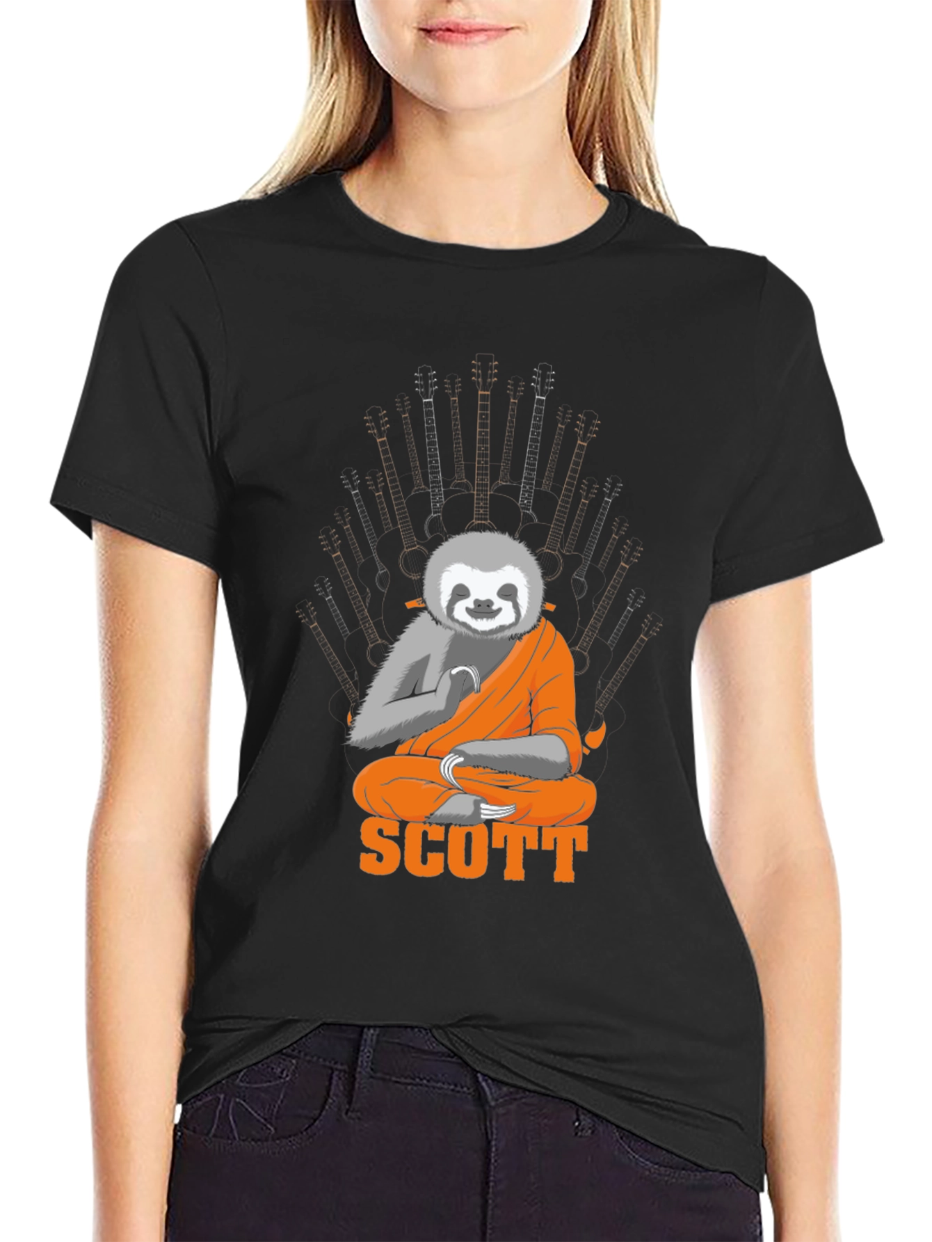 Sloth Monk Guitar Throne Black Graphic Tee