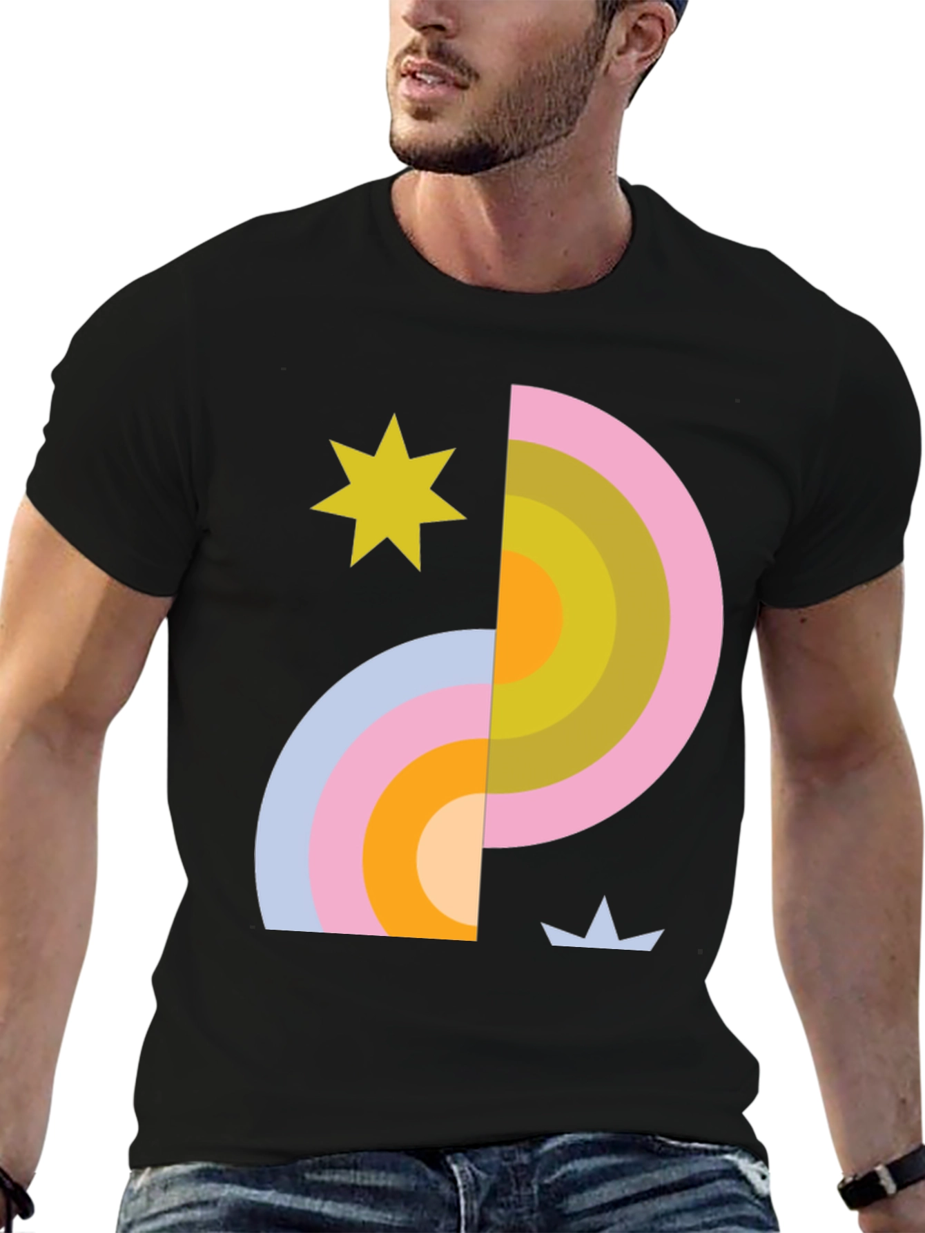 Retro Rainbow & Star Graphic Tee - Black