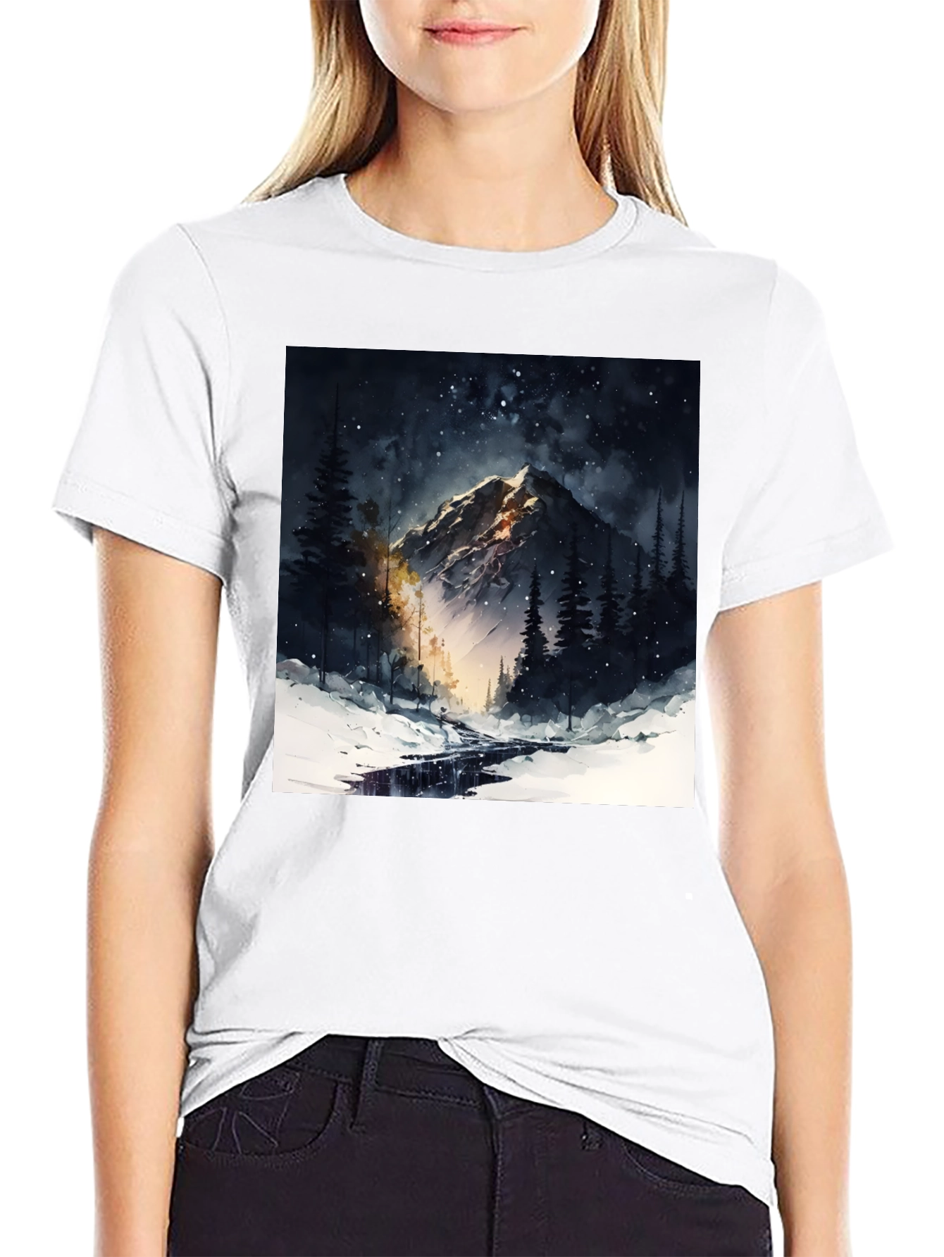 Mountain Night Scene Graphic Tee - Black