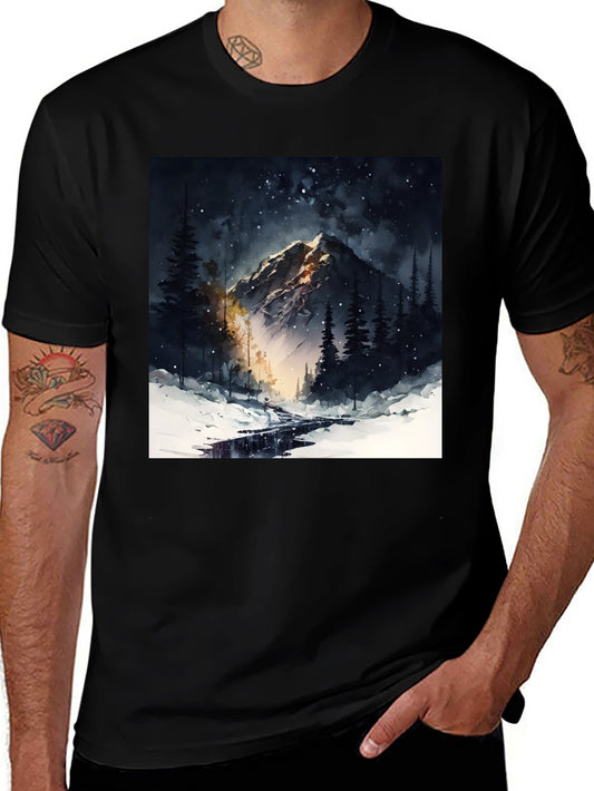 Mountain Night Scene Graphic Tee - Black