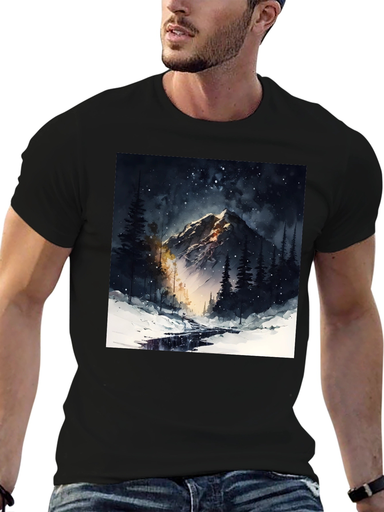 Mountain Night Scene Graphic Tee - Black