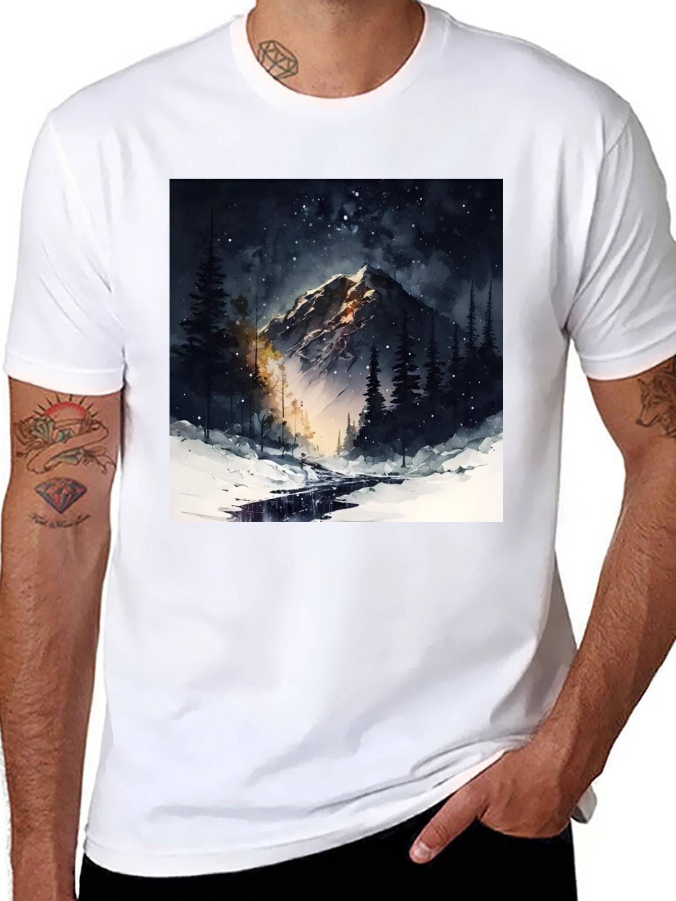 Mountain Night Scene Graphic Tee - Black