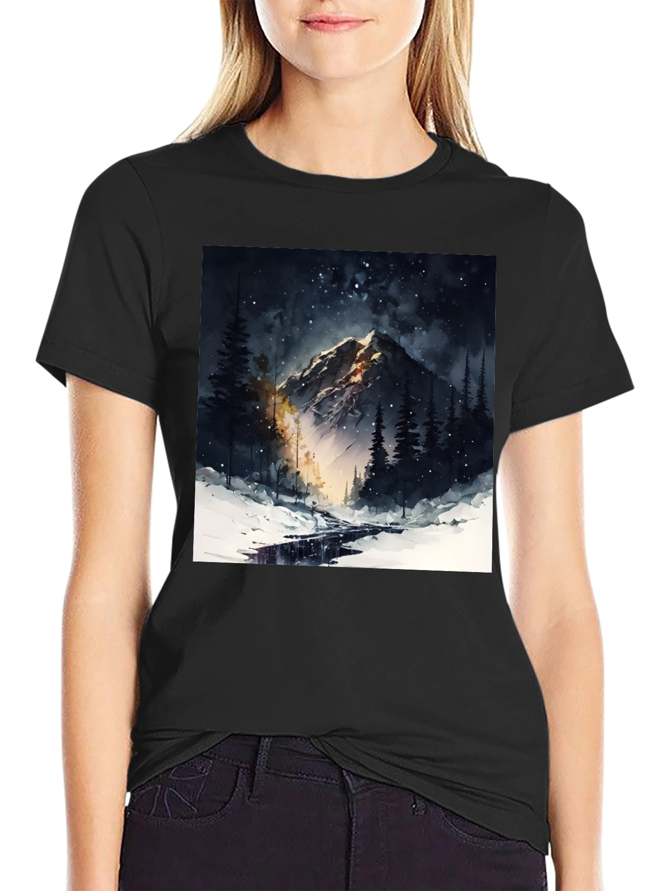 Mountain Night Scene Graphic Tee - Black