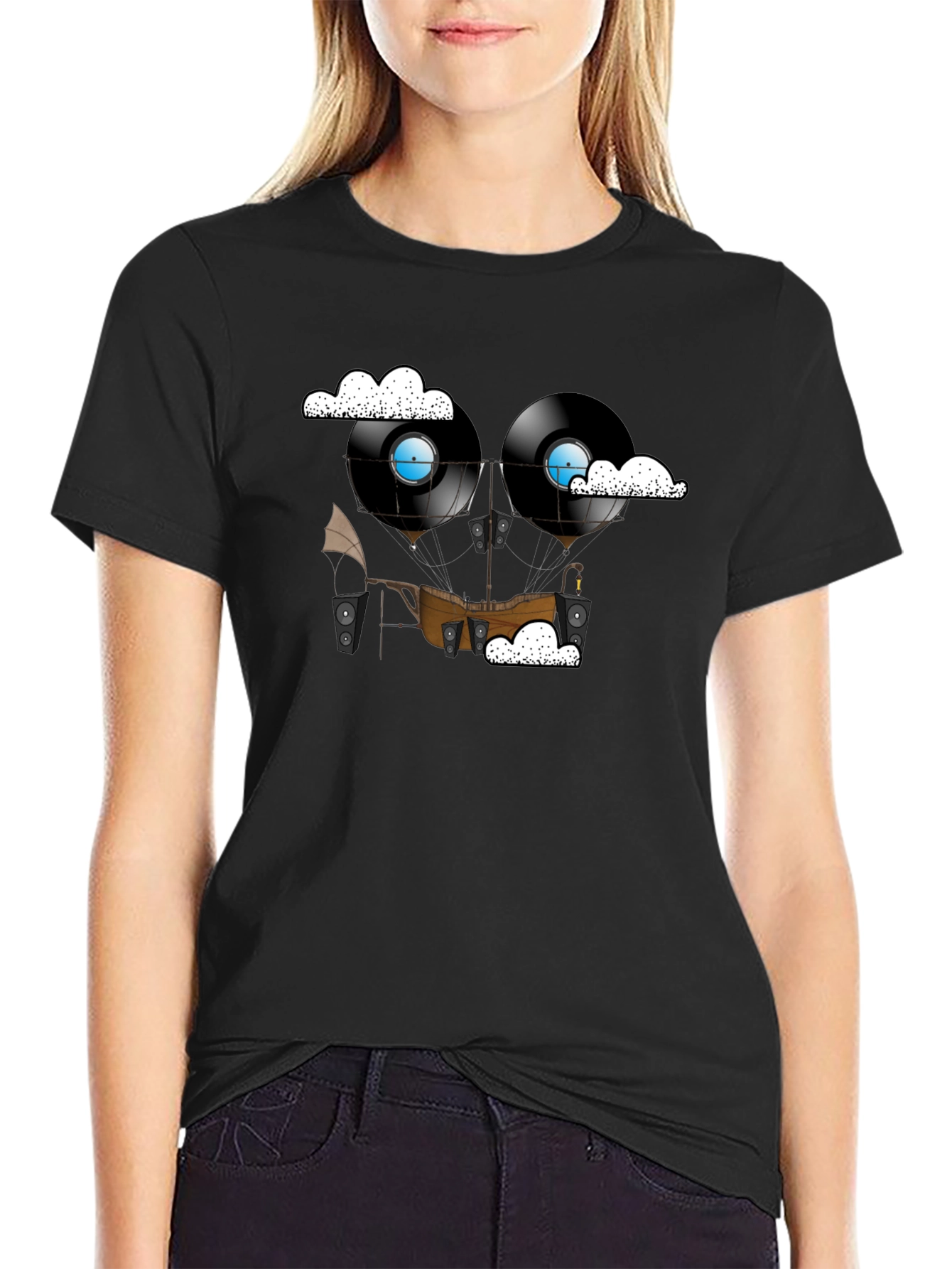 Steampunk Vinyl Record Airship Graphic Tee