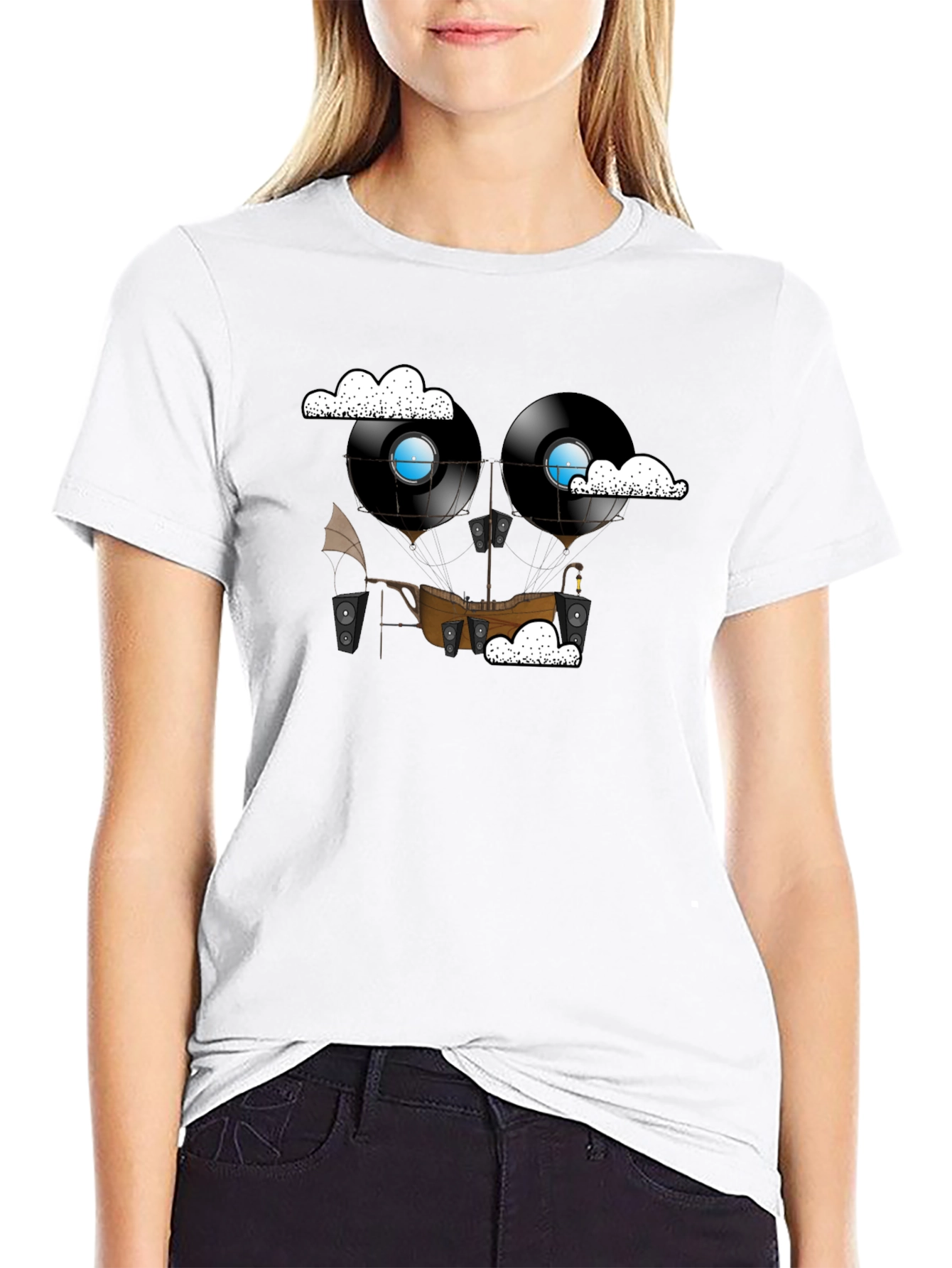Steampunk Vinyl Record Airship Graphic Tee