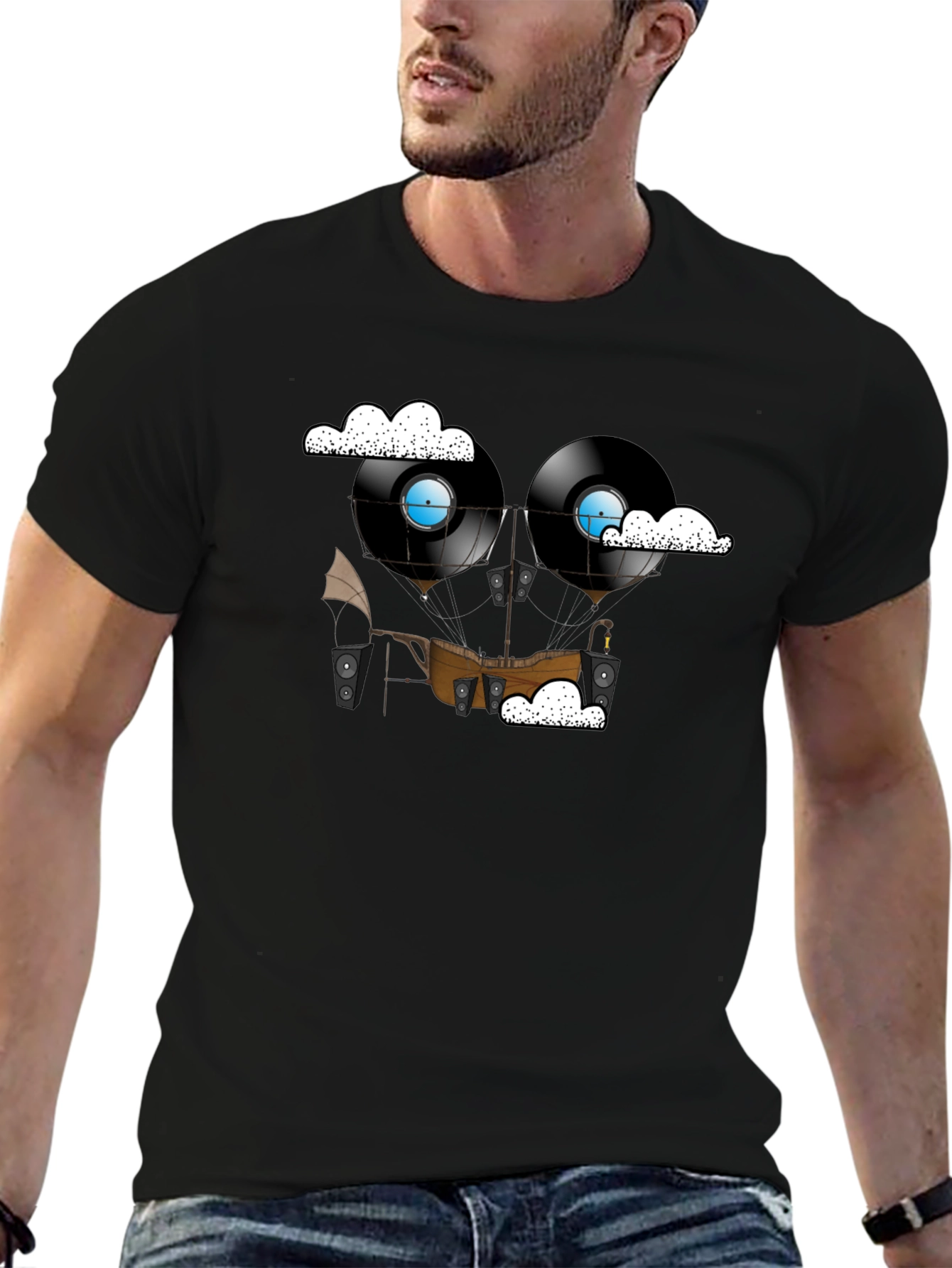 Steampunk Vinyl Record Airship Graphic Tee