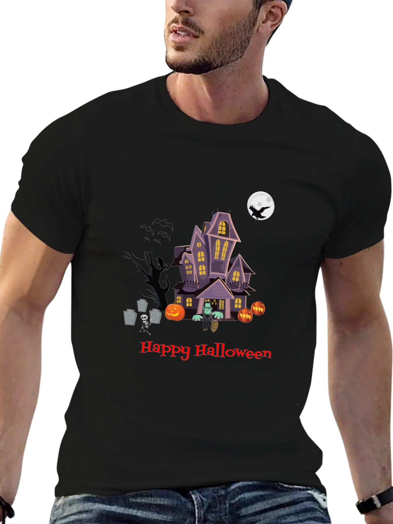 Halloween Graphic Tee - Spooky Haunted House Design