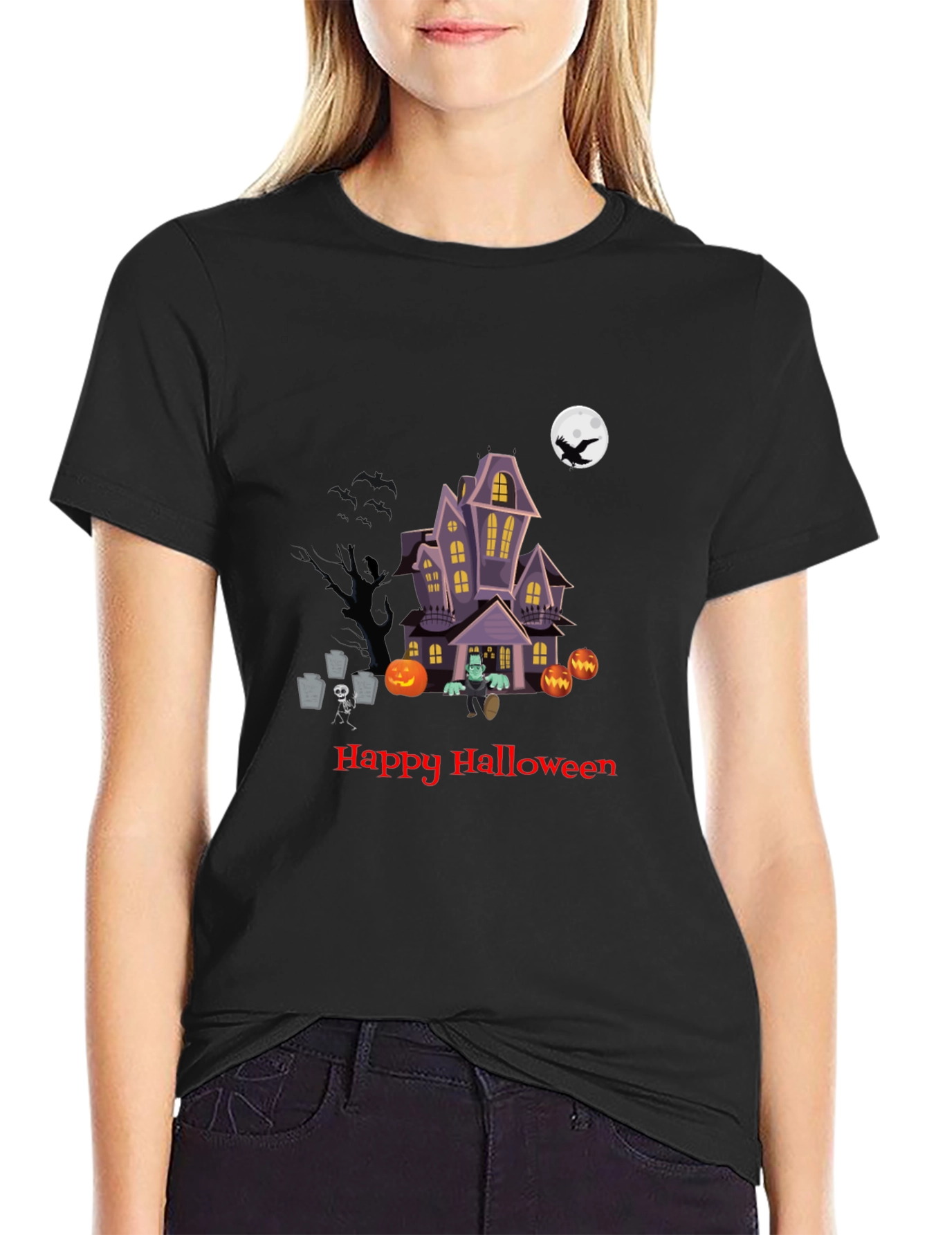 Halloween Graphic Tee - Spooky Haunted House Design